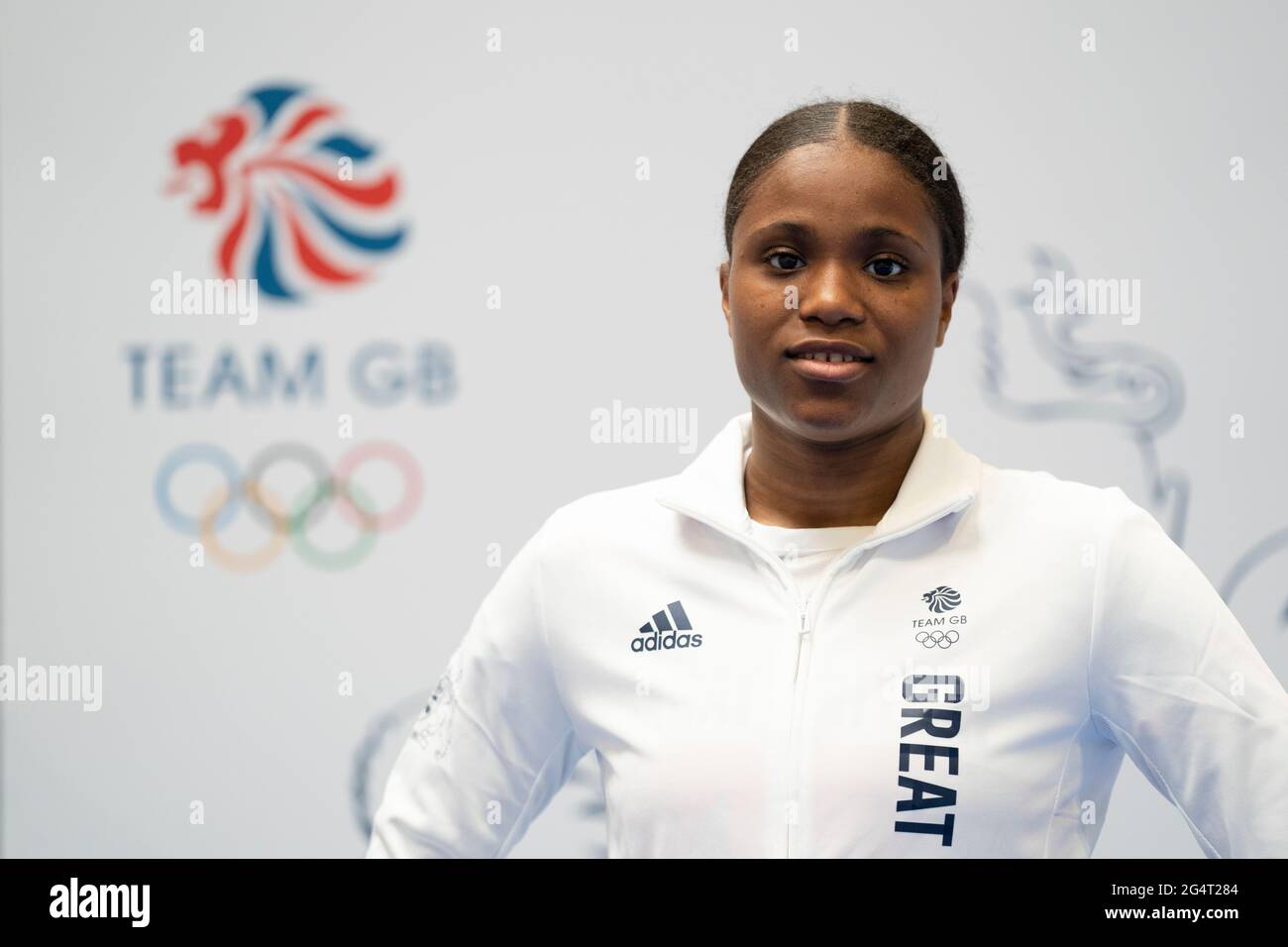 Caroline Dubois durante la sessione di kitting out per le Olimpiadi di Tokyo 2020 al Birmingham NEC, Regno Unito. Data di emissione: Mercoledì 23 giugno 2021. Foto Stock
