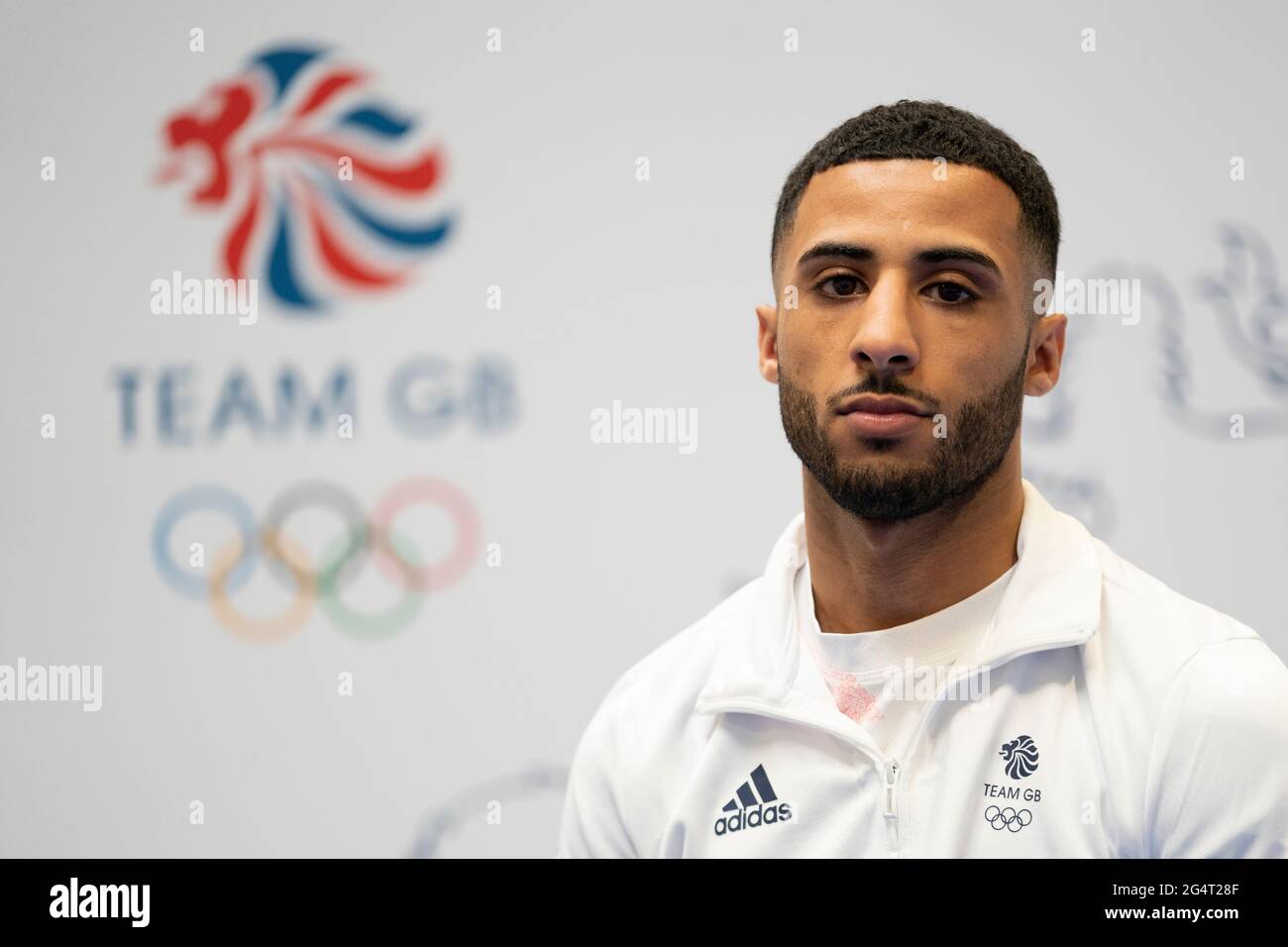 Harris Akbar durante la sessione di kitting out per le Olimpiadi di Tokyo 2020 al Birmingham NEC, UK. Data di emissione: Mercoledì 23 giugno 2021. Foto Stock
