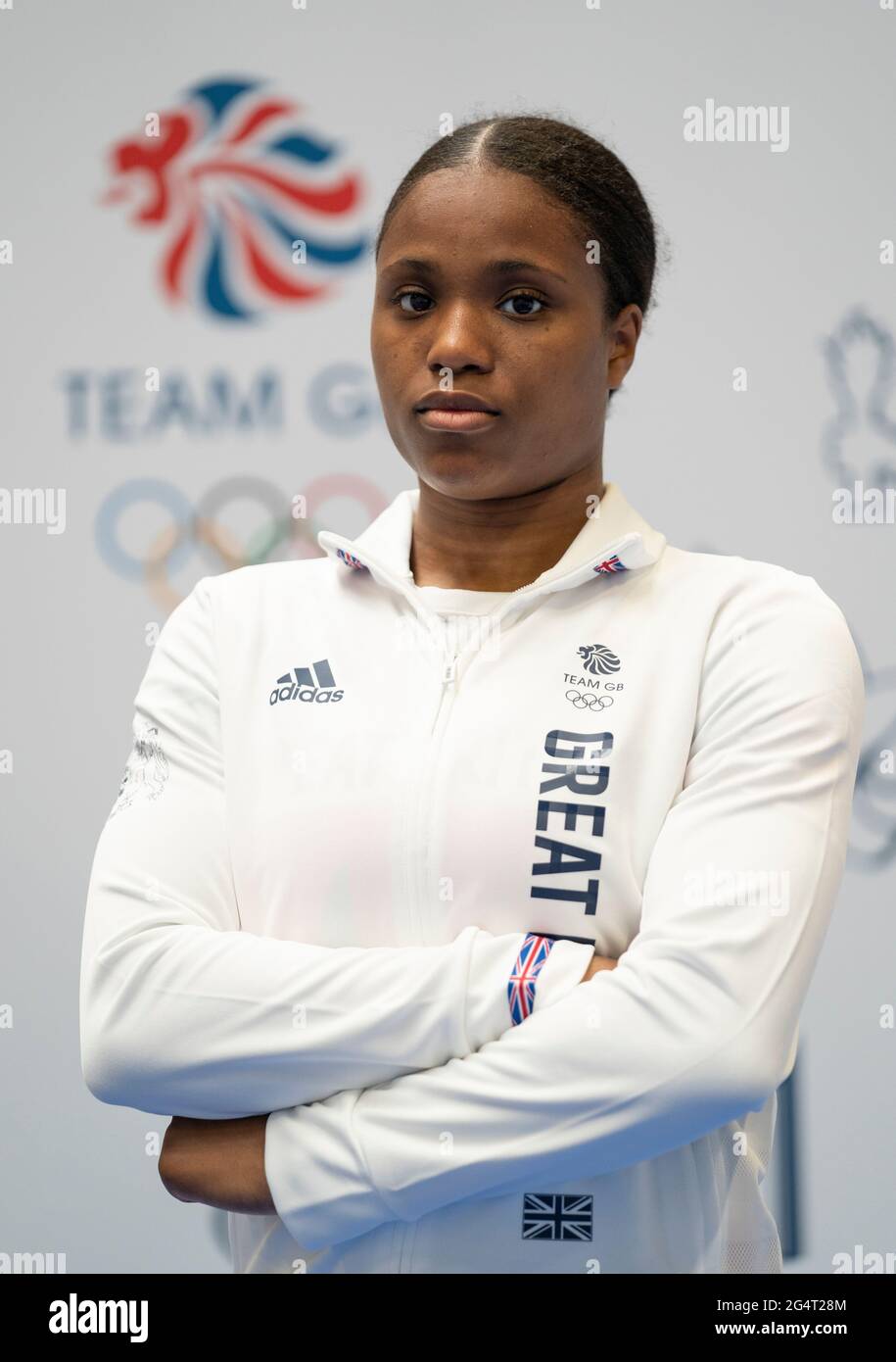 Caroline Dubois durante la sessione di kitting out per le Olimpiadi di Tokyo 2020 al Birmingham NEC, Regno Unito. Data immagine: Lunedì 21 giugno 2021. Foto Stock