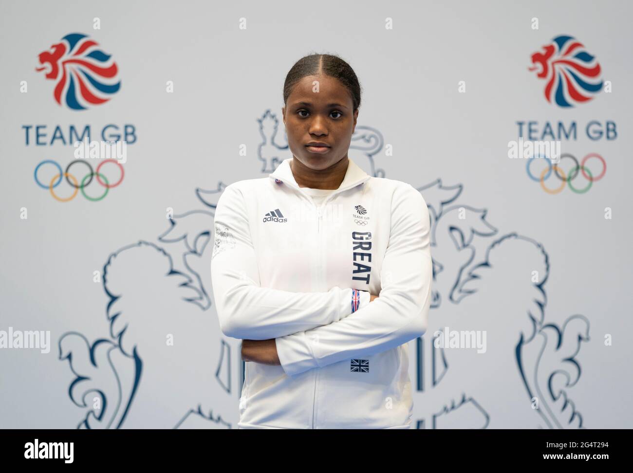 Caroline Dubois durante la sessione di kitting out per le Olimpiadi di Tokyo 2020 al Birmingham NEC, Regno Unito. Data immagine: Lunedì 21 giugno 2021. Foto Stock