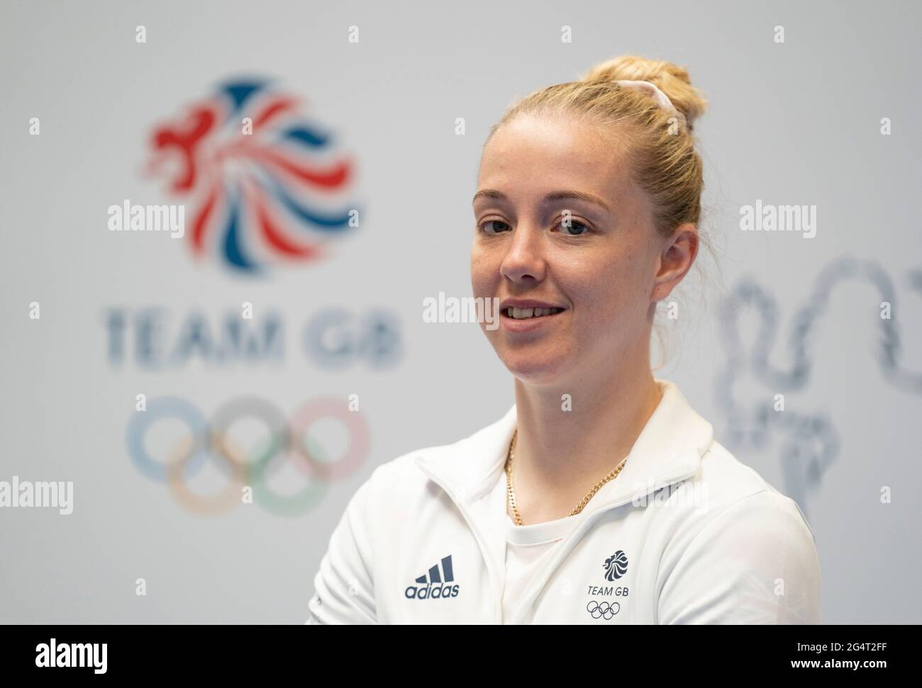 Charley Davison durante la sessione di kitting out per le Olimpiadi di Tokyo 2020 al Birmingham NEC, Regno Unito. Data immagine: Lunedì 21 giugno 2021. Foto Stock