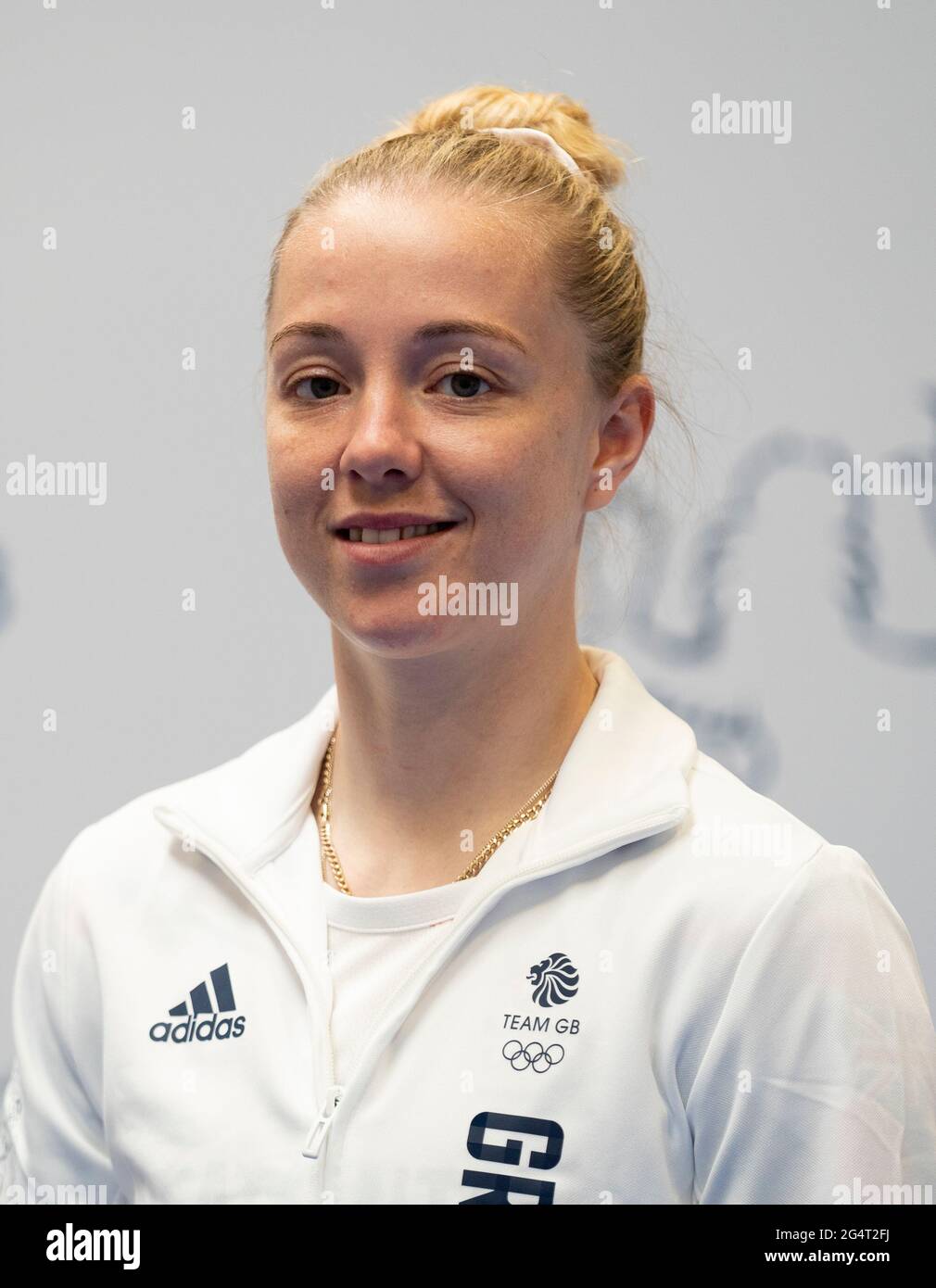Charley Davison durante la sessione di kitting out per le Olimpiadi di Tokyo 2020 al Birmingham NEC, Regno Unito. Data immagine: Lunedì 21 giugno 2021. Foto Stock