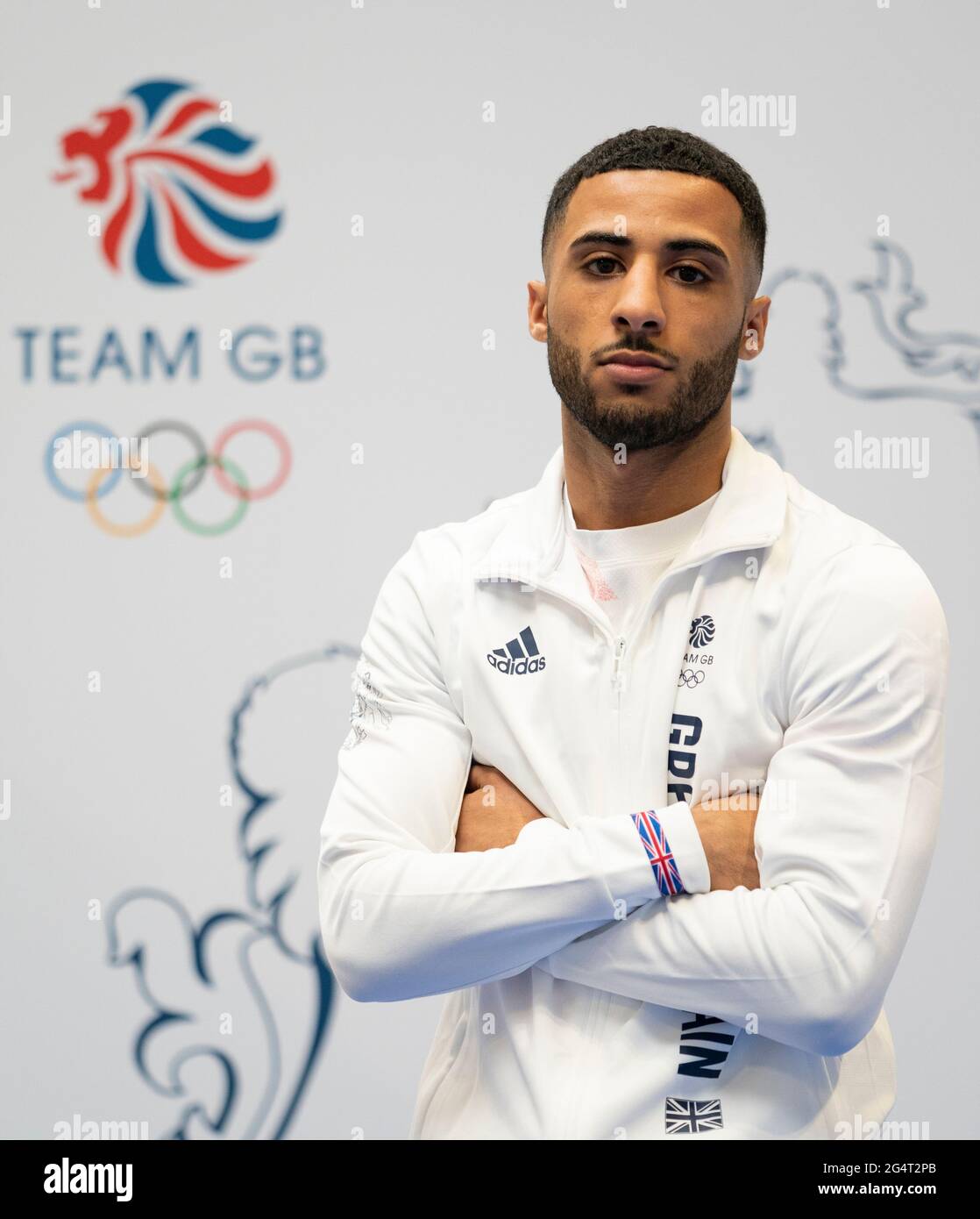 Harris Akbar durante la sessione di kitting out per le Olimpiadi di Tokyo 2020 al Birmingham NEC, UK. Data immagine: Lunedì 21 giugno 2021. Foto Stock
