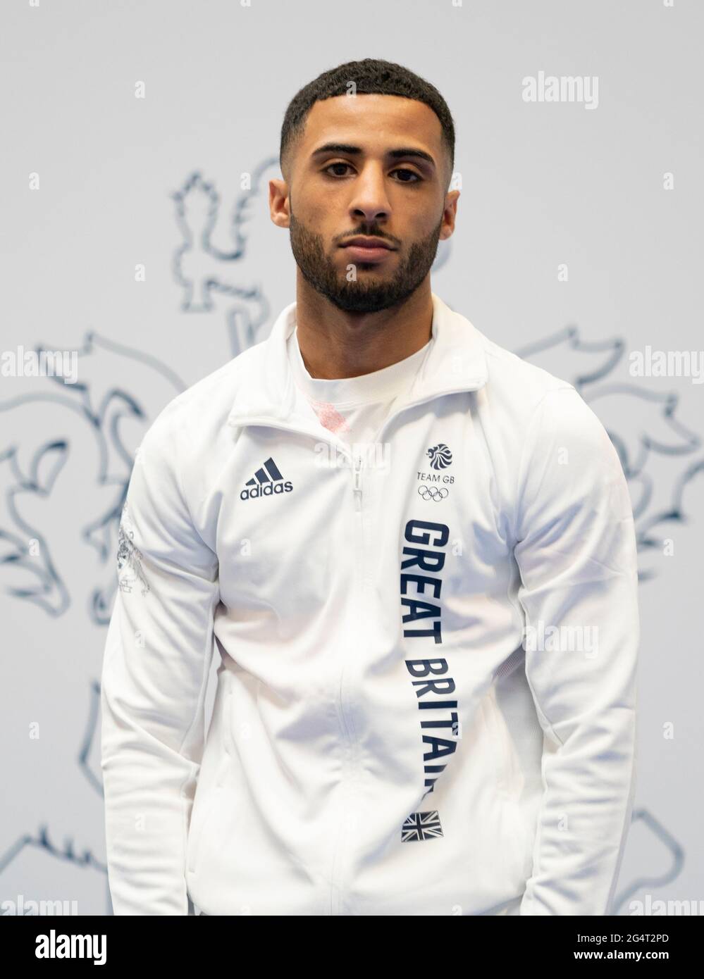 Harris Akbar durante la sessione di kitting out per le Olimpiadi di Tokyo 2020 al Birmingham NEC, UK. Data immagine: Lunedì 21 giugno 2021. Foto Stock