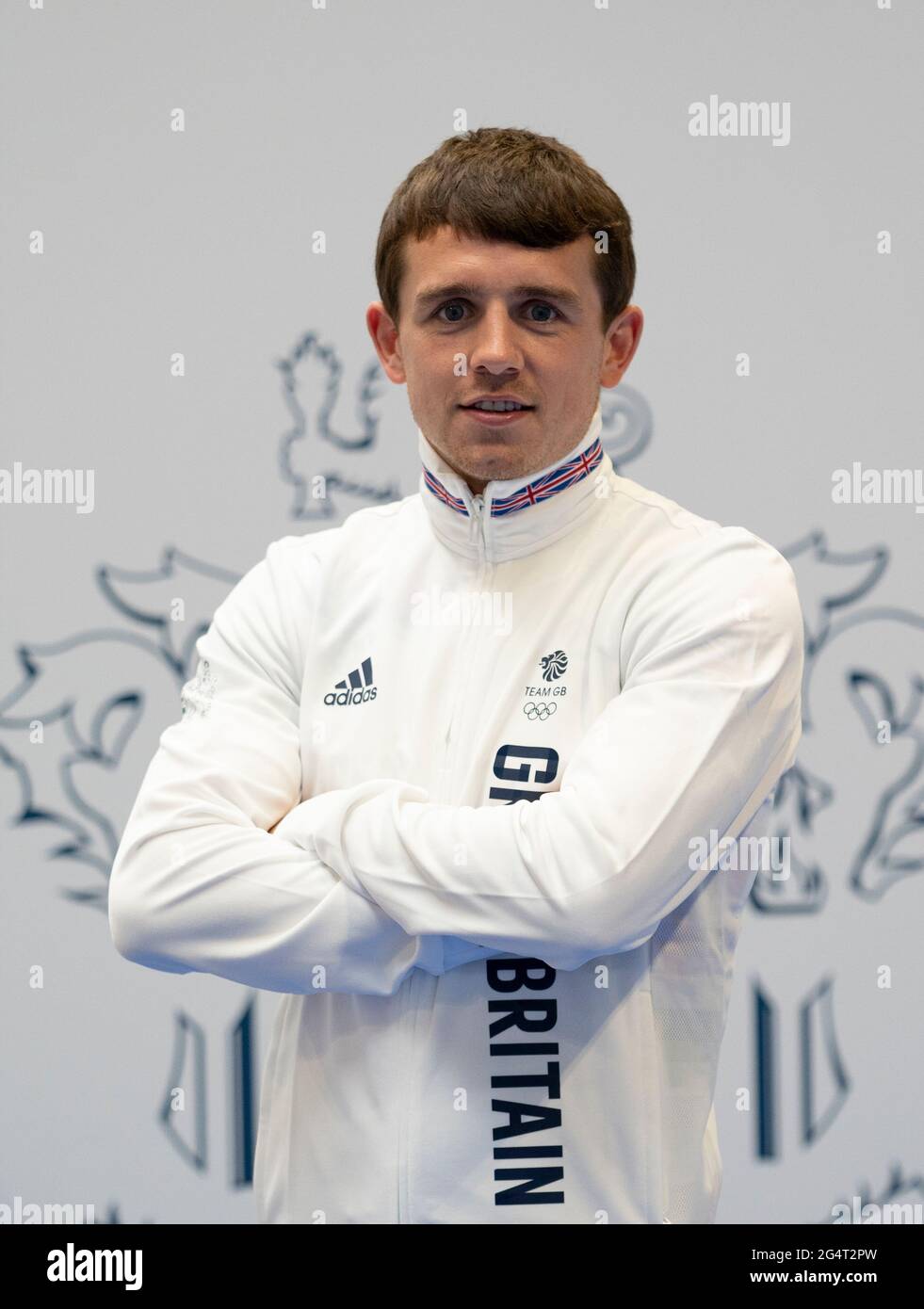 Peter McGraal durante la sessione di kitting out per le Olimpiadi di Tokyo 2020 al Birmingham NEC, Regno Unito. Data immagine: Lunedì 21 giugno 2021. Foto Stock