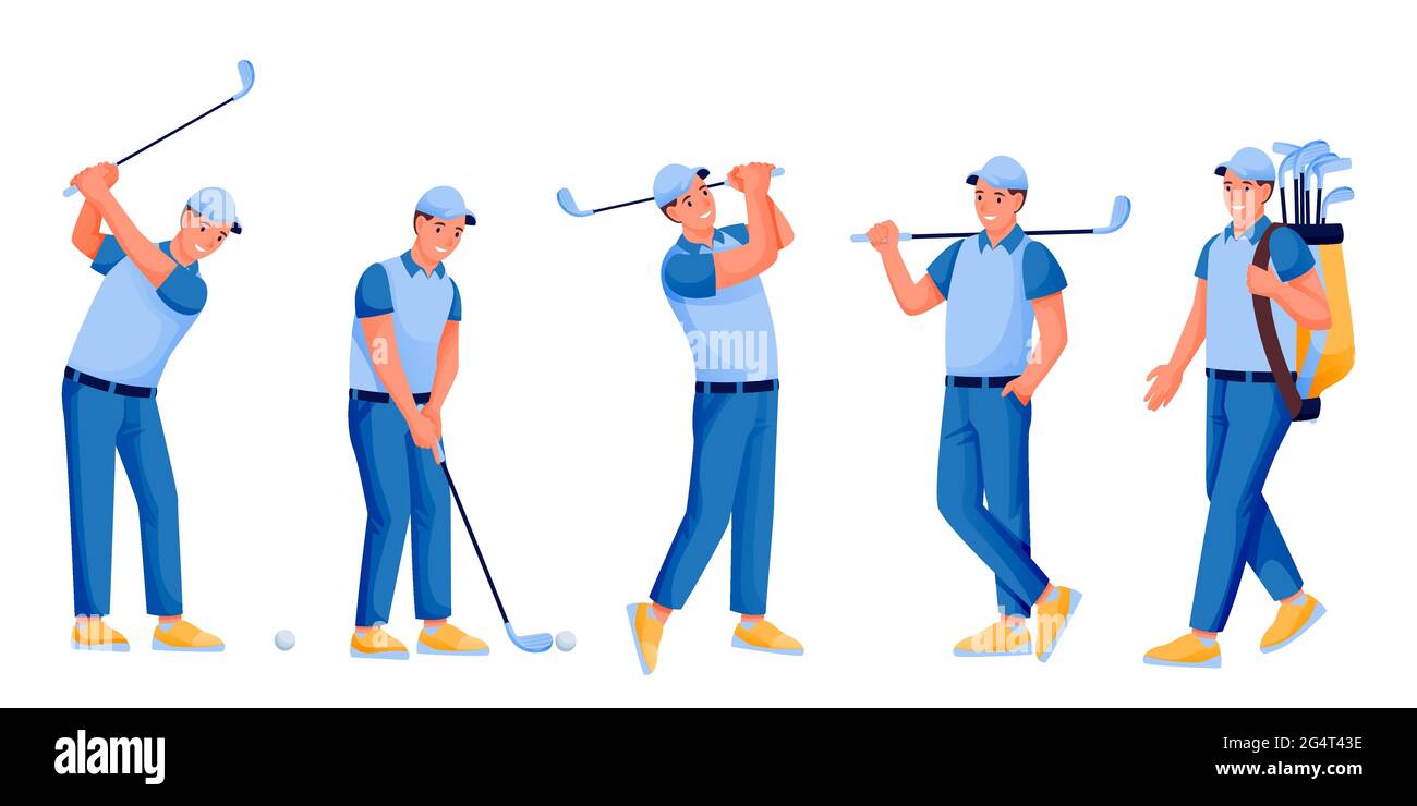 Giovane maschio che gioca a golf, vettore piatto cartoon illustrazione carattere isolato su sfondo bianco. Golfista con golf club, palla e borsa. Hobby e outdo Illustrazione Vettoriale