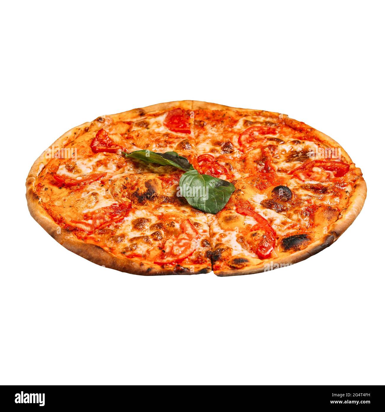 Pizza margarita isolata con pomodori Foto Stock