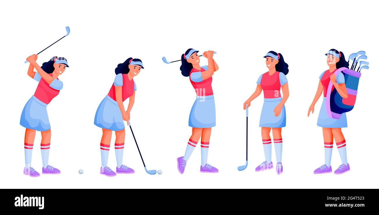 Giovane femmina che gioca a golf, vettore piatto cartoon illustrazione carattere isolato su sfondo bianco. Donna golfista con golf club, palla e borsa. Hobby A. Illustrazione Vettoriale
