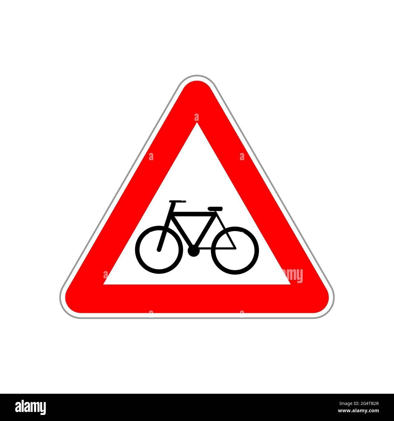 Icona bicicletta sul triangolo rosso e bianco segnale stradale su bianco Illustrazione Vettoriale