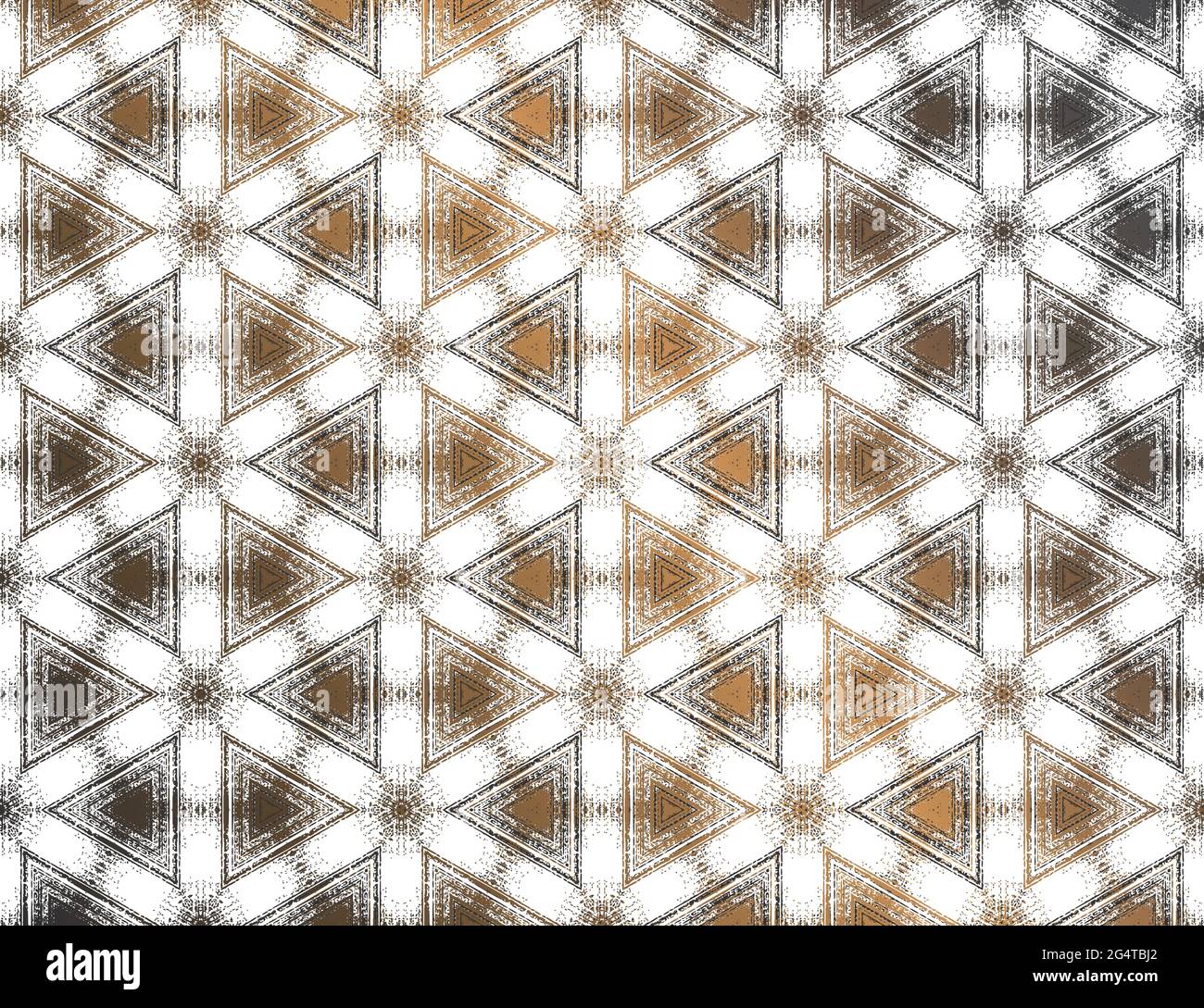 Geometrico astratto bianco e nero con motivo esagonale caleidoscopico in oro metallizzato. Illustrazione vettoriale. Ornamento simmetrico per carta digitale, sfondo per carta da parati. Illustrazione Vettoriale