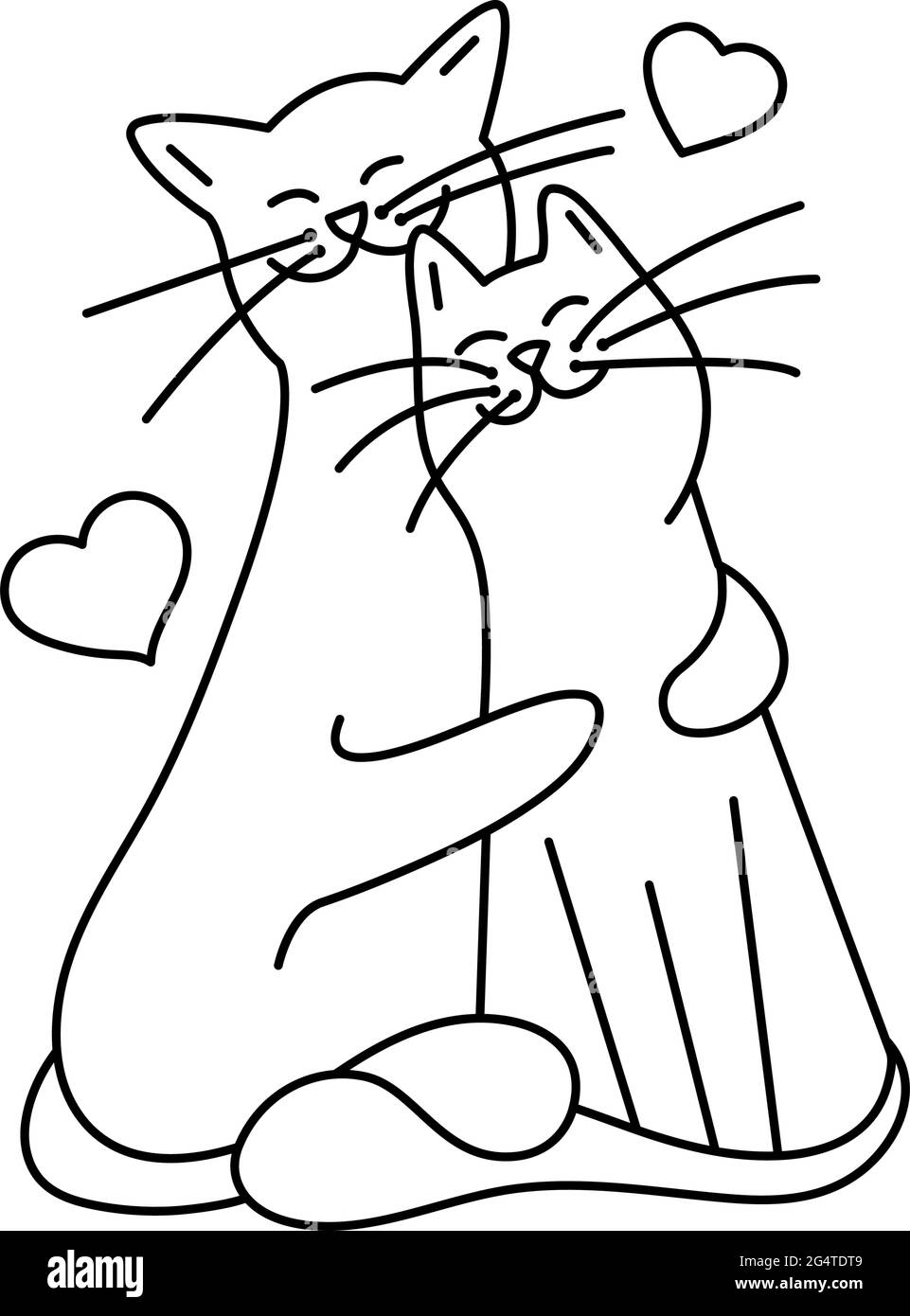 I gatti amano le coppie romantiche. Contorno del contorno dell'illustrazione lineare isolato dal vettore. Design del giorno di San Valentino. Illustrazione Vettoriale