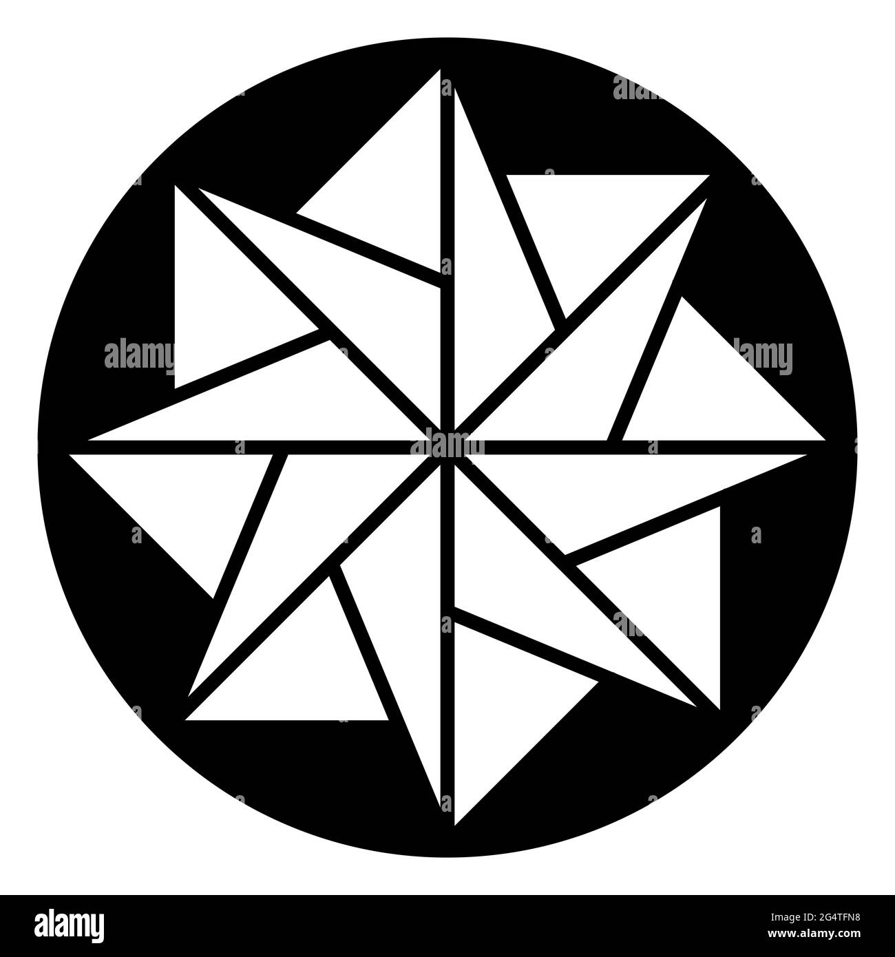 Stella a otto punte in un cerchio. Pattern, formato da triangoli disposti simmetrici. Simbolo simile a Mandala, modellato su un cerchio di raccolto, trovato 2021 in Inghilterra Foto Stock