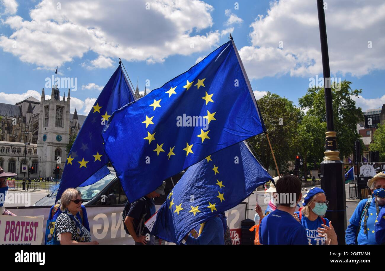 Londra, Regno Unito. 23 giugno 2021. Manifestanti con bandiere UE. I manifestanti anti anti anti anti-Brexit si sono riuniti fuori dalla Camera del Parlamento in occasione del quinto anniversario del referendum. (Credit: Vuk Valcic / Alamy Live News) Foto Stock