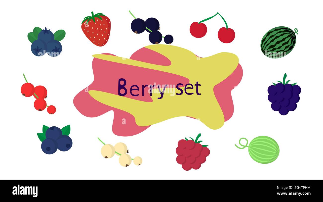 Berry in set di illustrazioni vettoriali di stile piatto. Composizione di varie icone di frutti di bosco disegnate in stile semplice Illustrazione Vettoriale