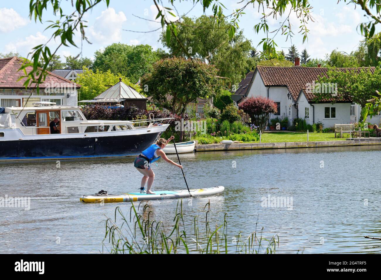 Una giovane donna paddle boarding sul fiume Tamigi da Pharaohs Island in una giornata estiva soleggiata, Surrey Inghilterra UK Foto Stock