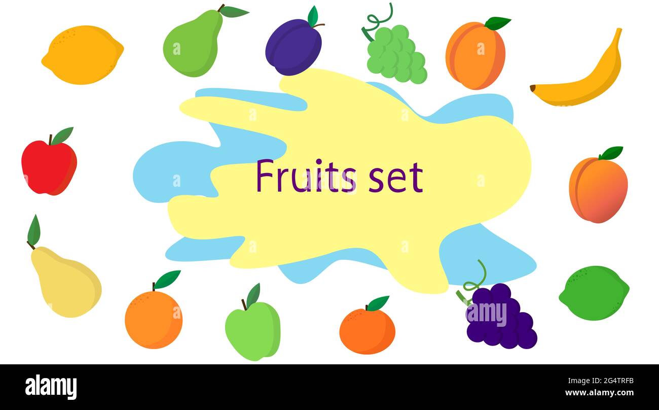 Frutta in set di illustrazioni vettoriali di stile piatto. Composizione di varie icone di frutta disegnate in stile semplice Illustrazione Vettoriale