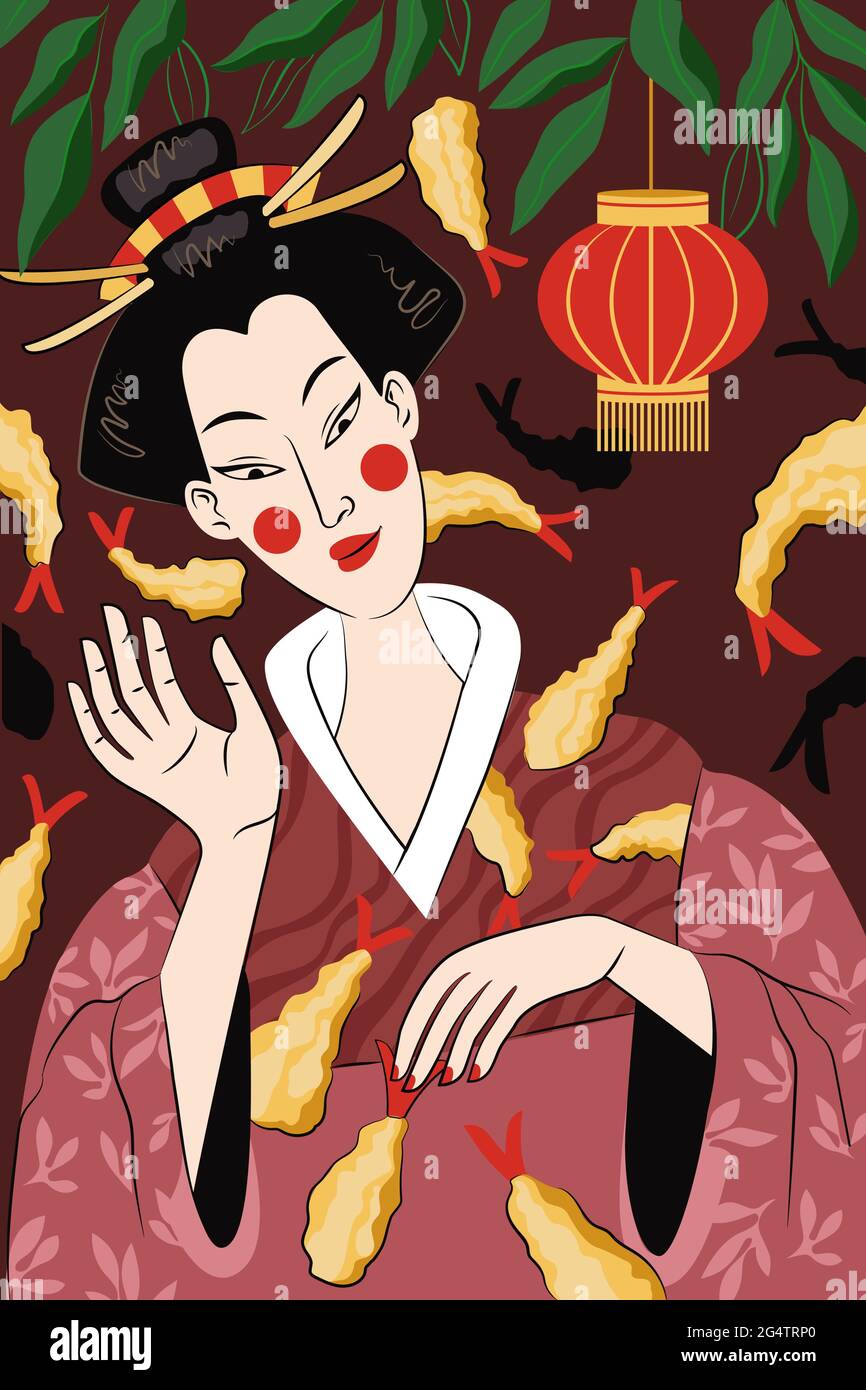 Poster tempura cibo giapponese disegno a mano. Piatto nazionale giapponese gamberi fritti in pastella. Banner pubblicitari sushi roll bar. Menu del ristorante di pesce asiatico o decorazione flyer con geisha donna. EPS Illustrazione Vettoriale