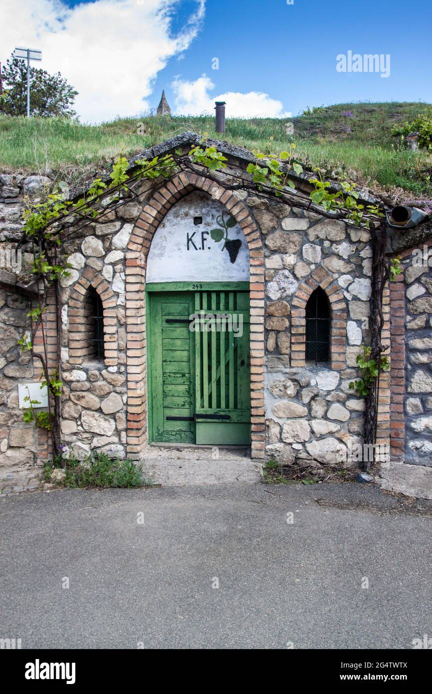 Cantine di vino nel villaggio di Kobyli, Moravia meridionale, Repubblica Ceca Foto Stock