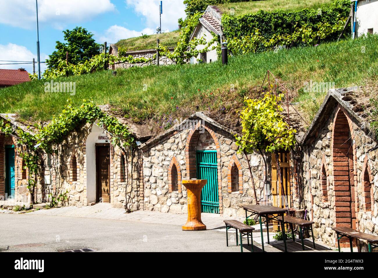 Cantine di vino nel villaggio di Kobyli, Moravia meridionale, Repubblica Ceca Foto Stock