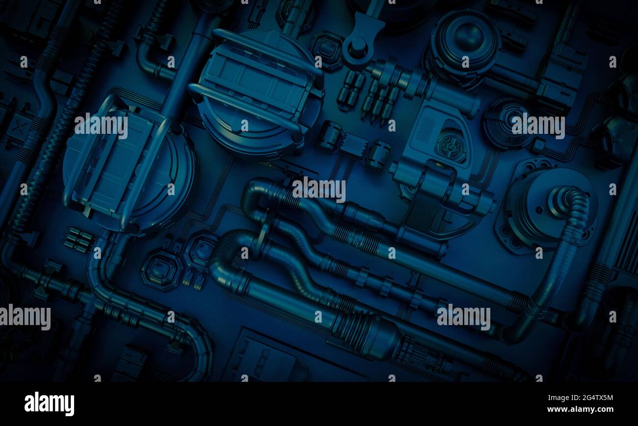 Immagine di sfondo sci-fi con tubi e cavi in tonalità blu scuro. rendering 3d Foto Stock