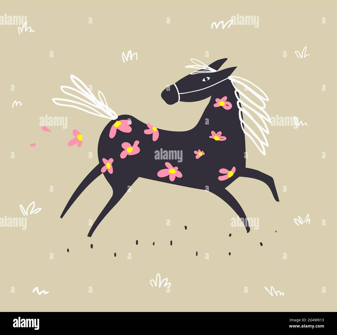 Wild Horse Running scandinavo stile Doodle Draw Illustrazione Vettoriale