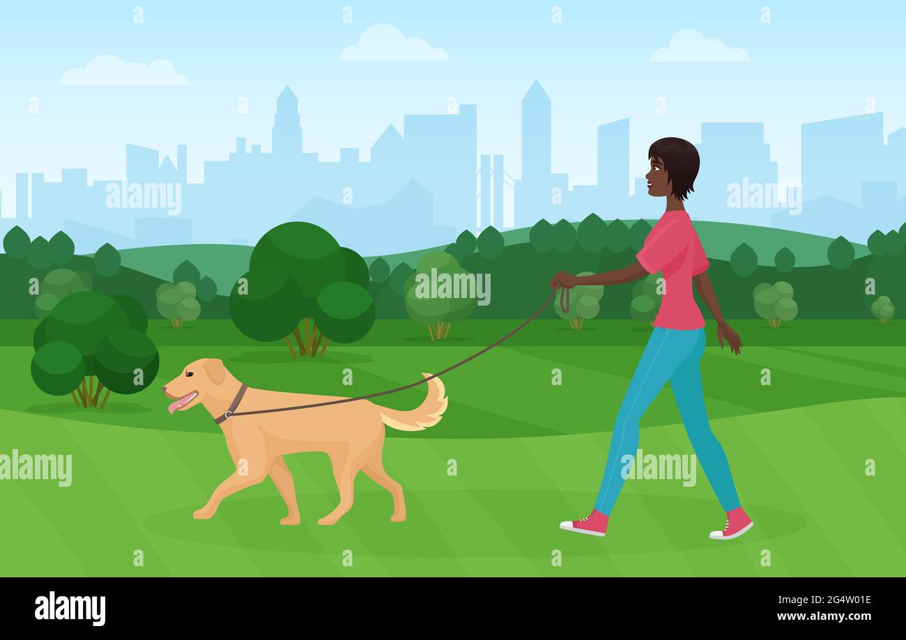 Donna nera afroamericana che cammina con animale domestico del cane terrier dorato nell'illustrazione del vettore del parco Illustrazione Vettoriale