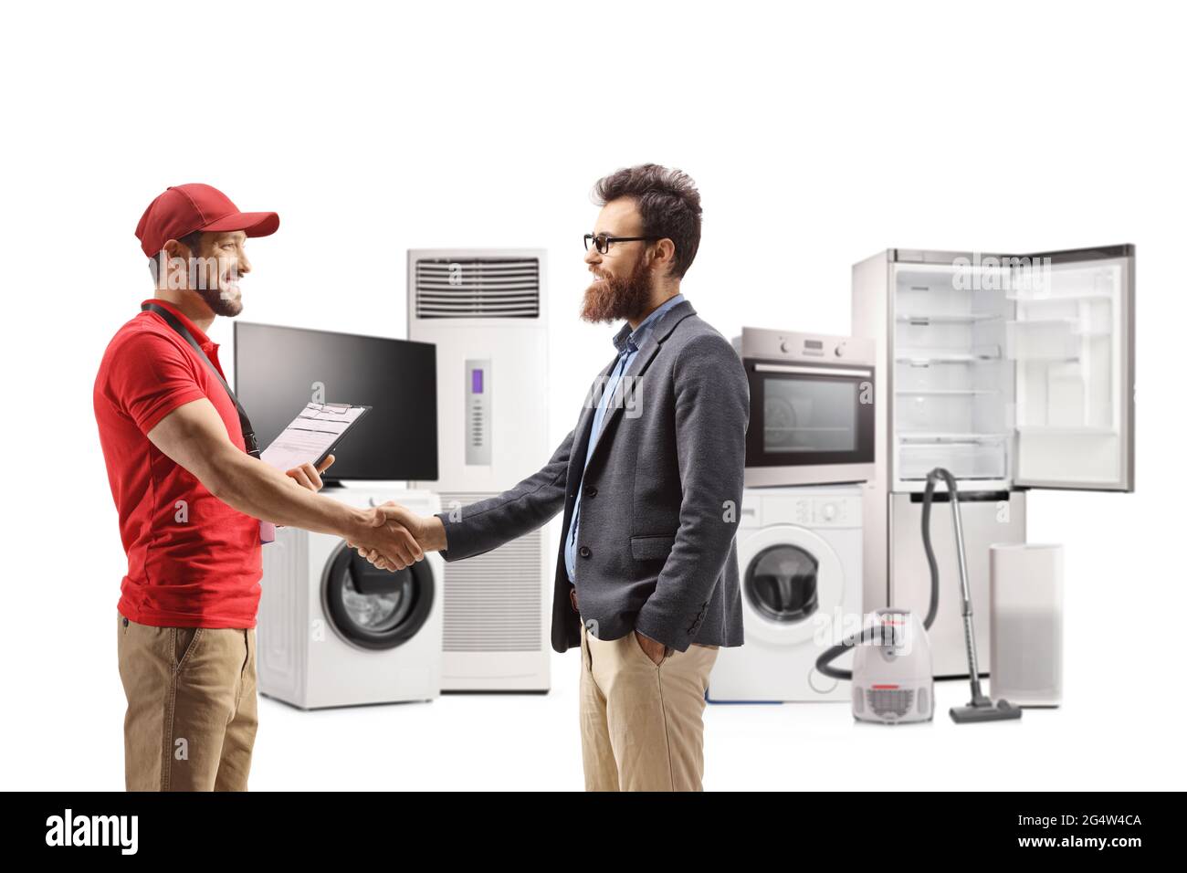 L'assistente di un negozio in un apparecchio elettrico conserva le mani agitanti con un uomo bearded isolato su sfondo bianco Foto Stock
