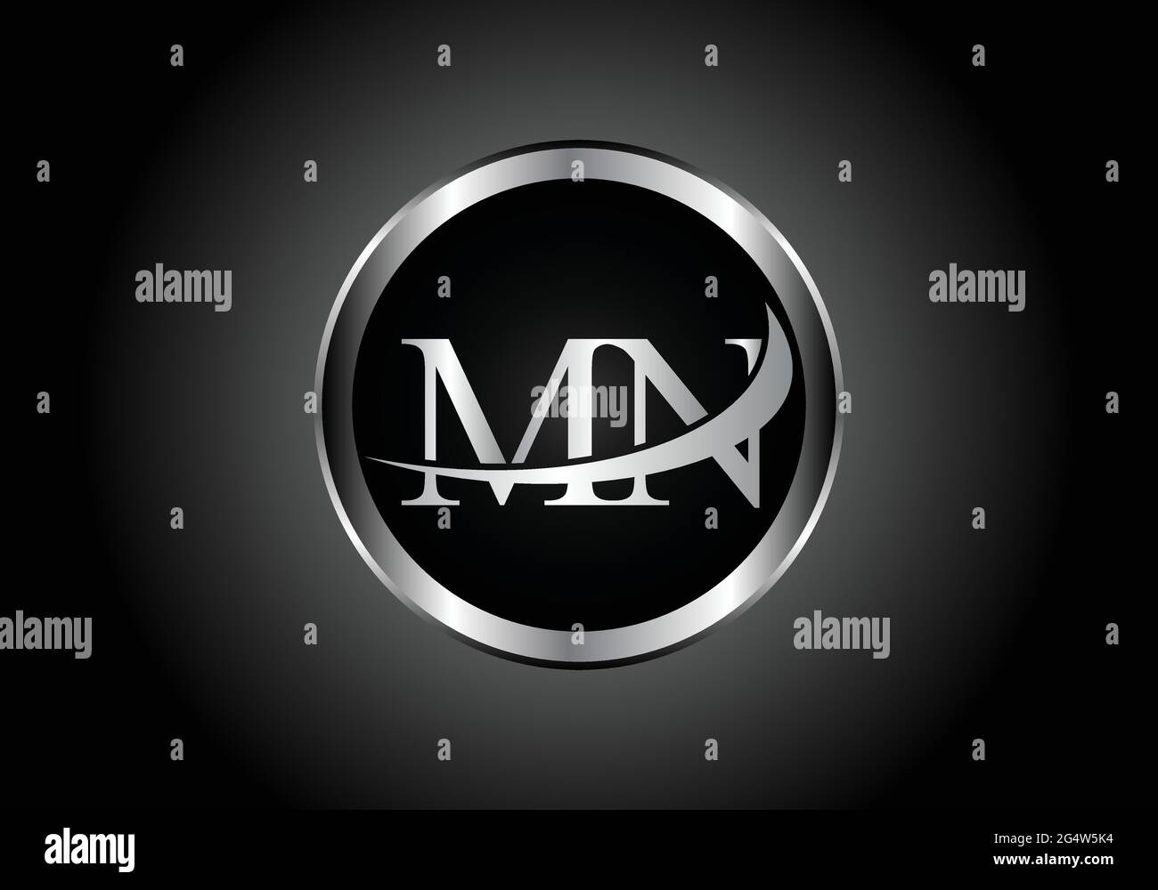 Logo in combinazione con lettere d'argento MN in metallo con logo in alfabeto e design grigio su gradiente in bianco e nero per un'azienda o un'azienda Illustrazione Vettoriale