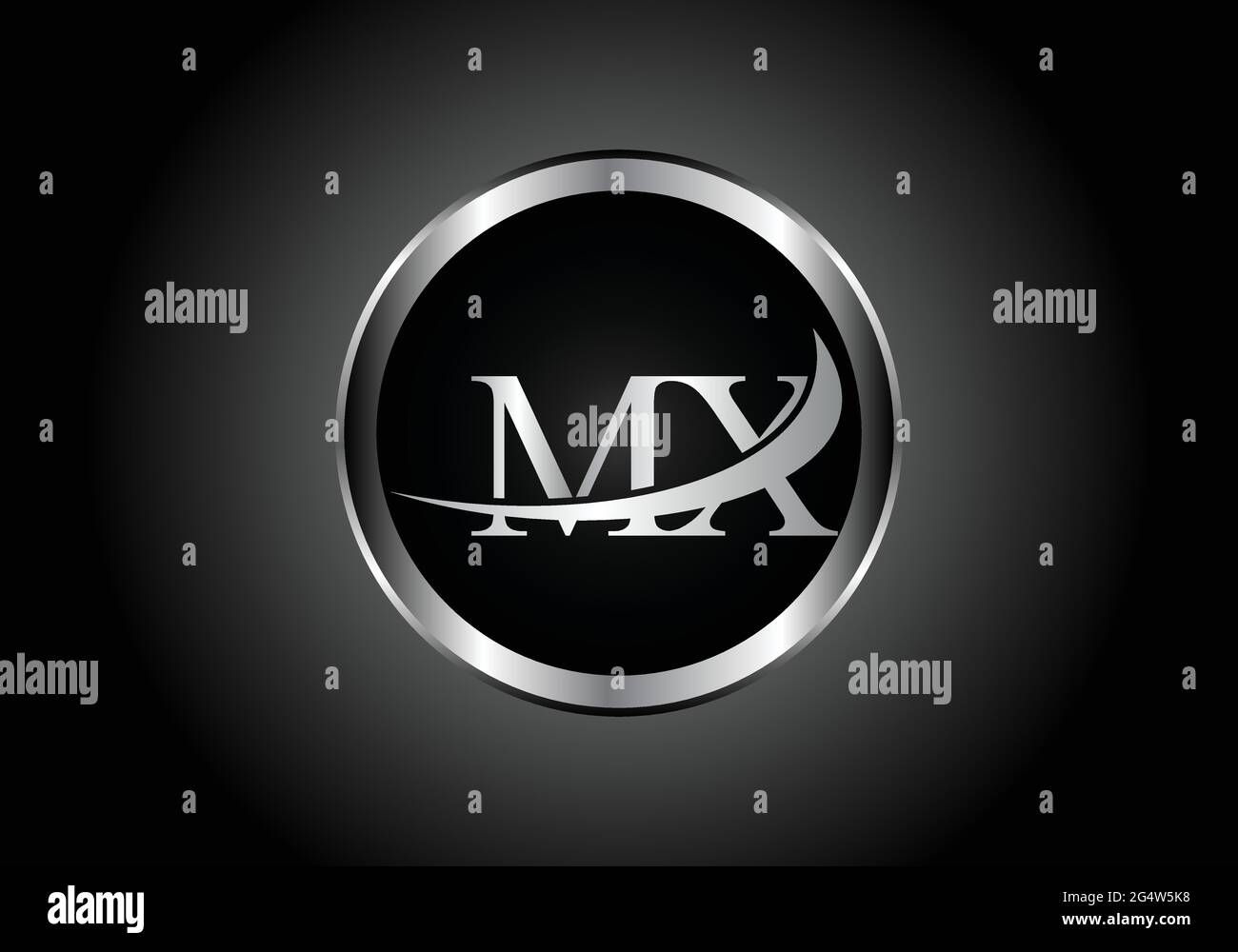 Logo combinato in metallo con lettere d'argento MX con logo a forma di alfabeto e colore grigio su disegno sfumato in bianco e nero per un'azienda o un'azienda Illustrazione Vettoriale