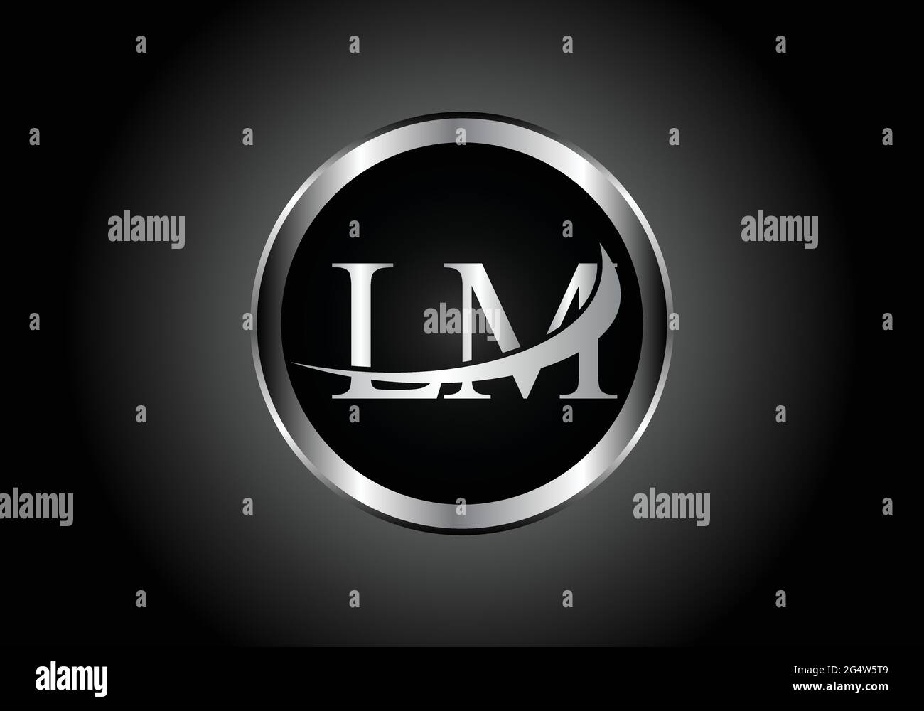 Logo con combinazione alfabetica in metallo LM lettera d'argento con design grigio su sfumatura in bianco e nero per un'azienda o un'azienda Illustrazione Vettoriale