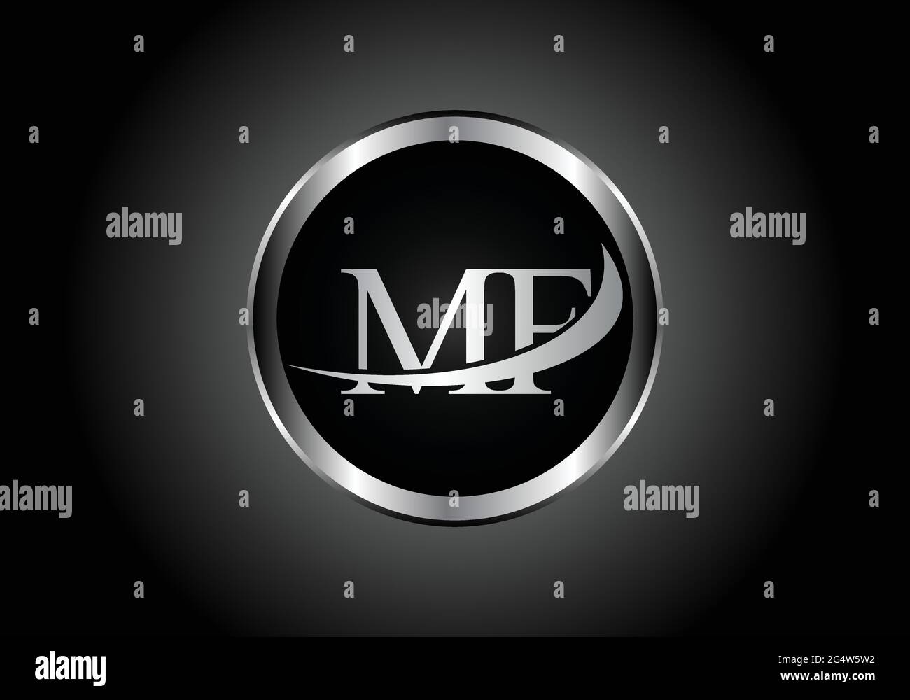 Logo MF in metallo con combinazione di lettere d'argento con logo a forma di alfabeto e colore grigio su un design a gradiente in bianco e nero per un'azienda o un'azienda Illustrazione Vettoriale