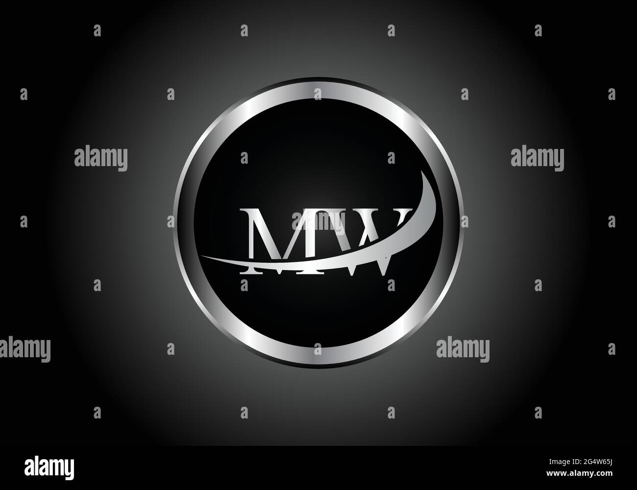 Design con icone a forma di lettera in metallo MW con combinazione di caratteri in argento con colore grigio su disegno a gradiente in bianco e nero per un'azienda o un'azienda Illustrazione Vettoriale