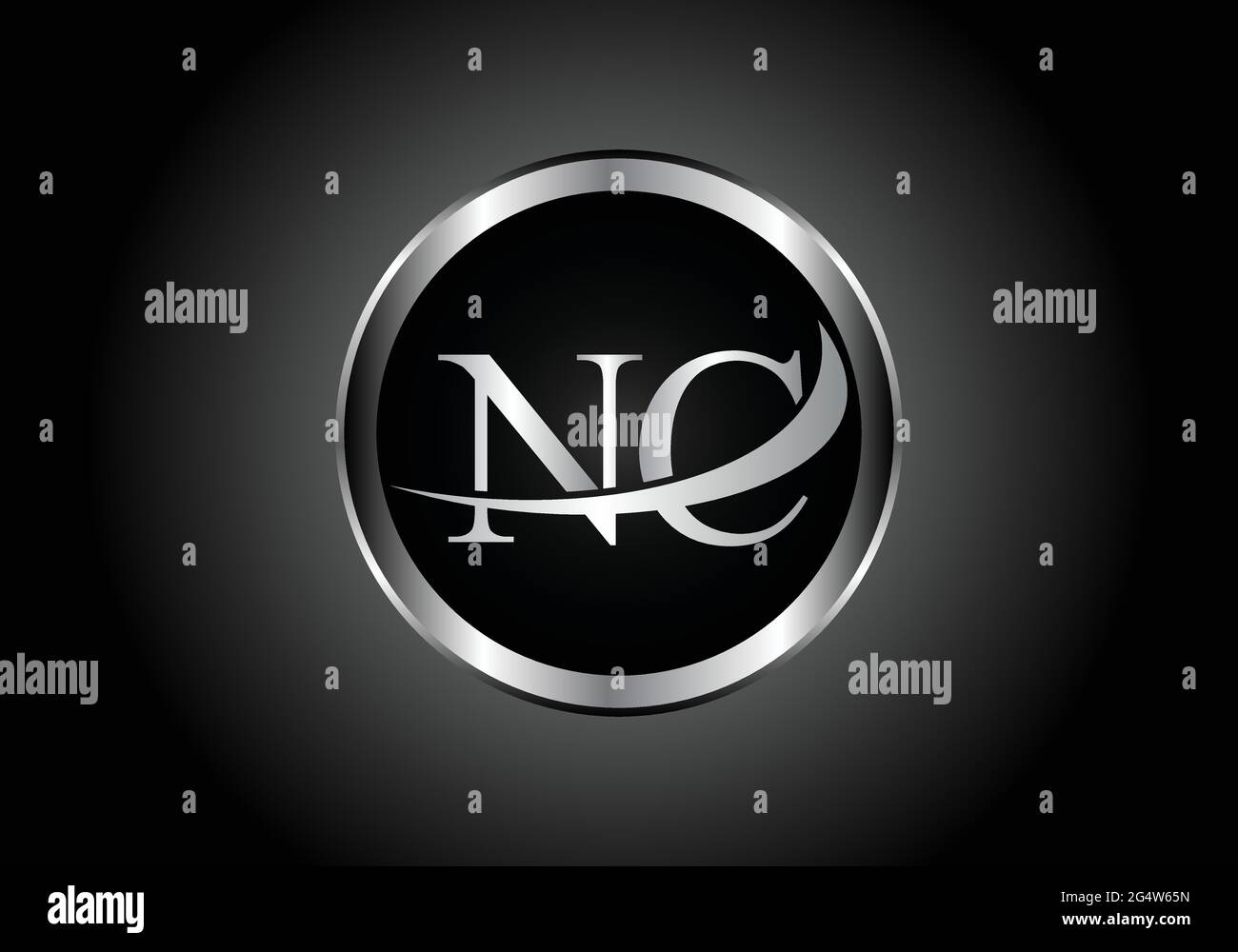 Logo combinato in metallo con lettera d'argento NC con logo a forma di alfabeto e colore grigio su disegno sfumato in bianco e nero per un'azienda o un'azienda Illustrazione Vettoriale