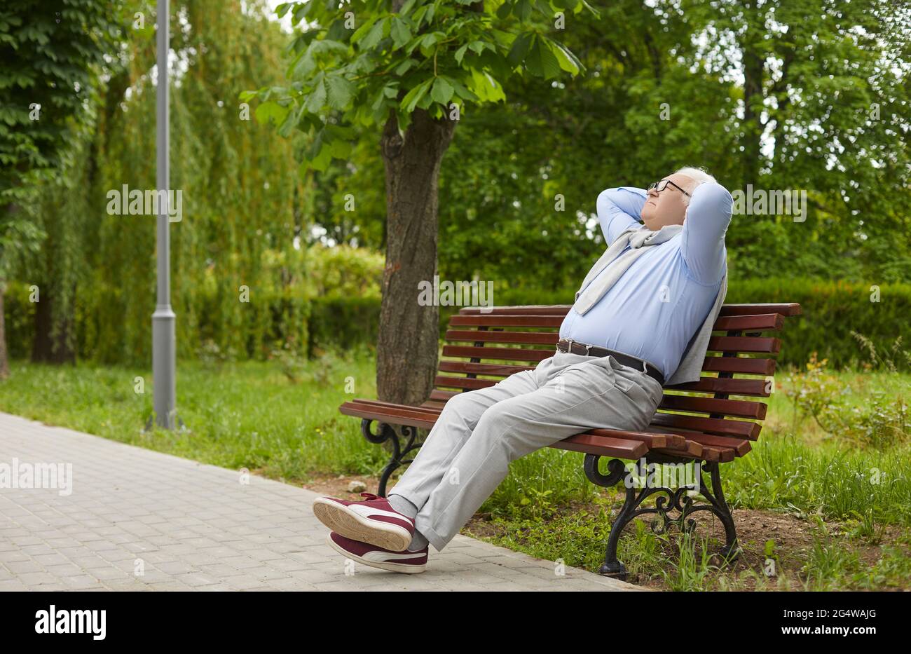 Felice anziano respirare in aria fresca mentre si rilassa su una panchina in un verde parco estivo Foto Stock