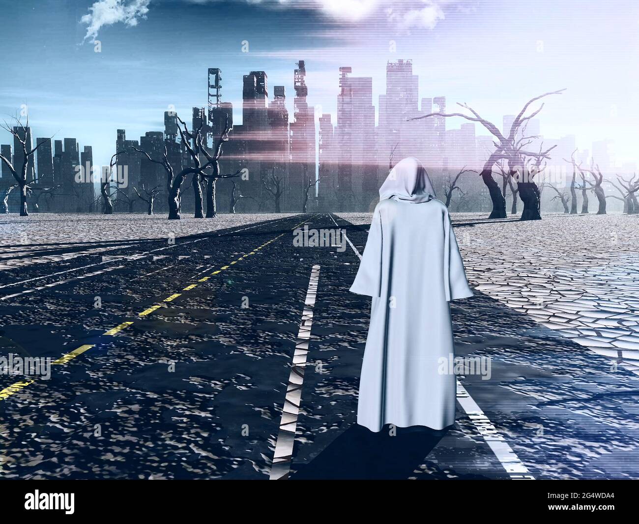 Viaggiatore in piedi prima della città distrutta. Scena apocalittica. Rendering 3D Foto Stock