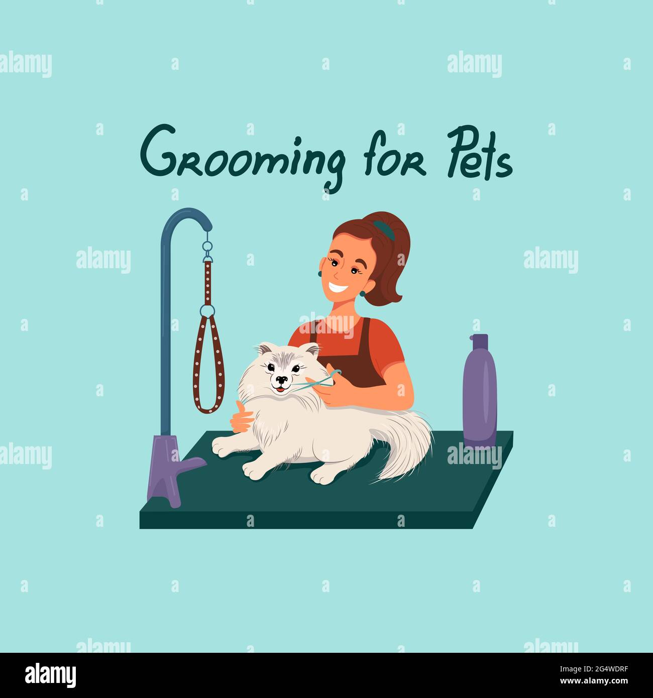 Grooming per gli animali domestici, la ragazza taglia un cane, illustrazione vettoriale in stile piatto, cartone animato Illustrazione Vettoriale