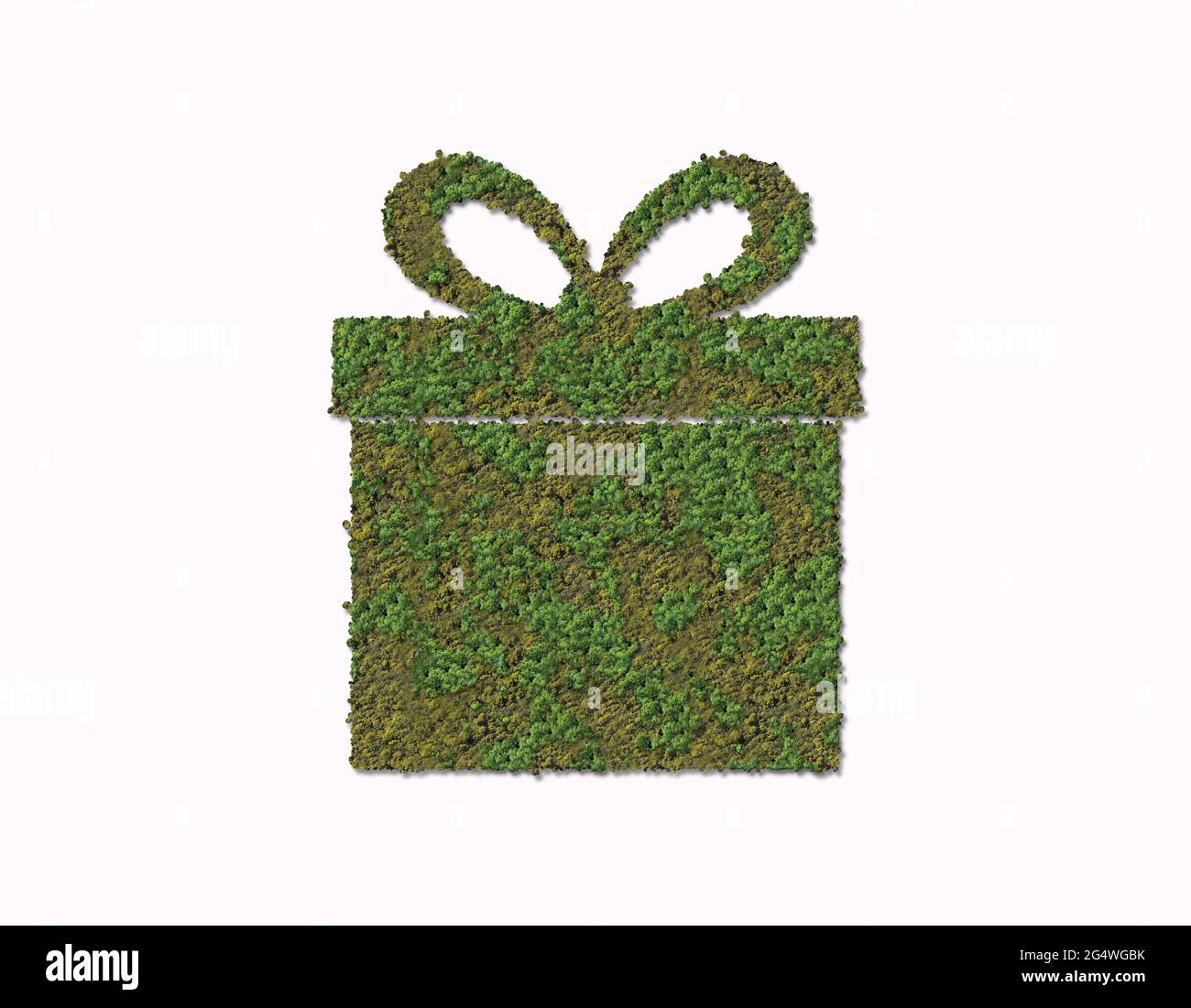 Buon regalo di Natale concetto. 3D scatola regalo verde isolata sulla forma della foresta. Festa di Natale, regalo di Babbo Natale, felice anno nuovo 2022 Foto Stock