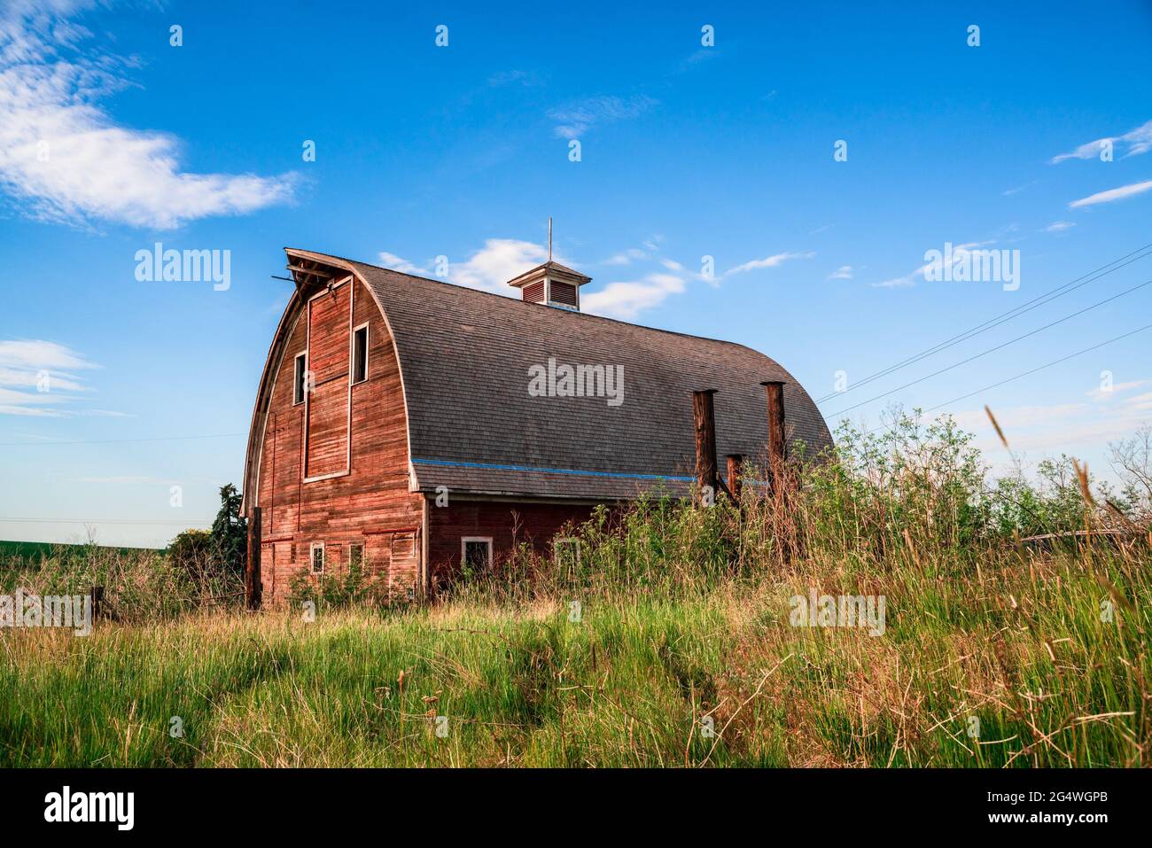 Abbandonato vecchio fienile in legno rosso in campagna paesaggio Foto Stock