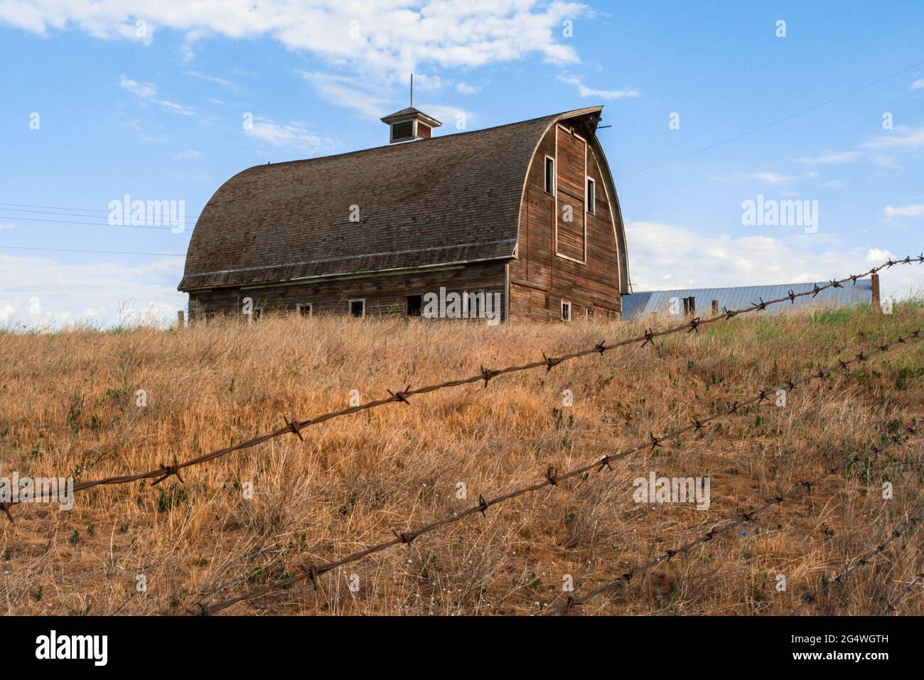 Abbandonato vecchio fienile in legno rosso in campagna paesaggio Foto Stock