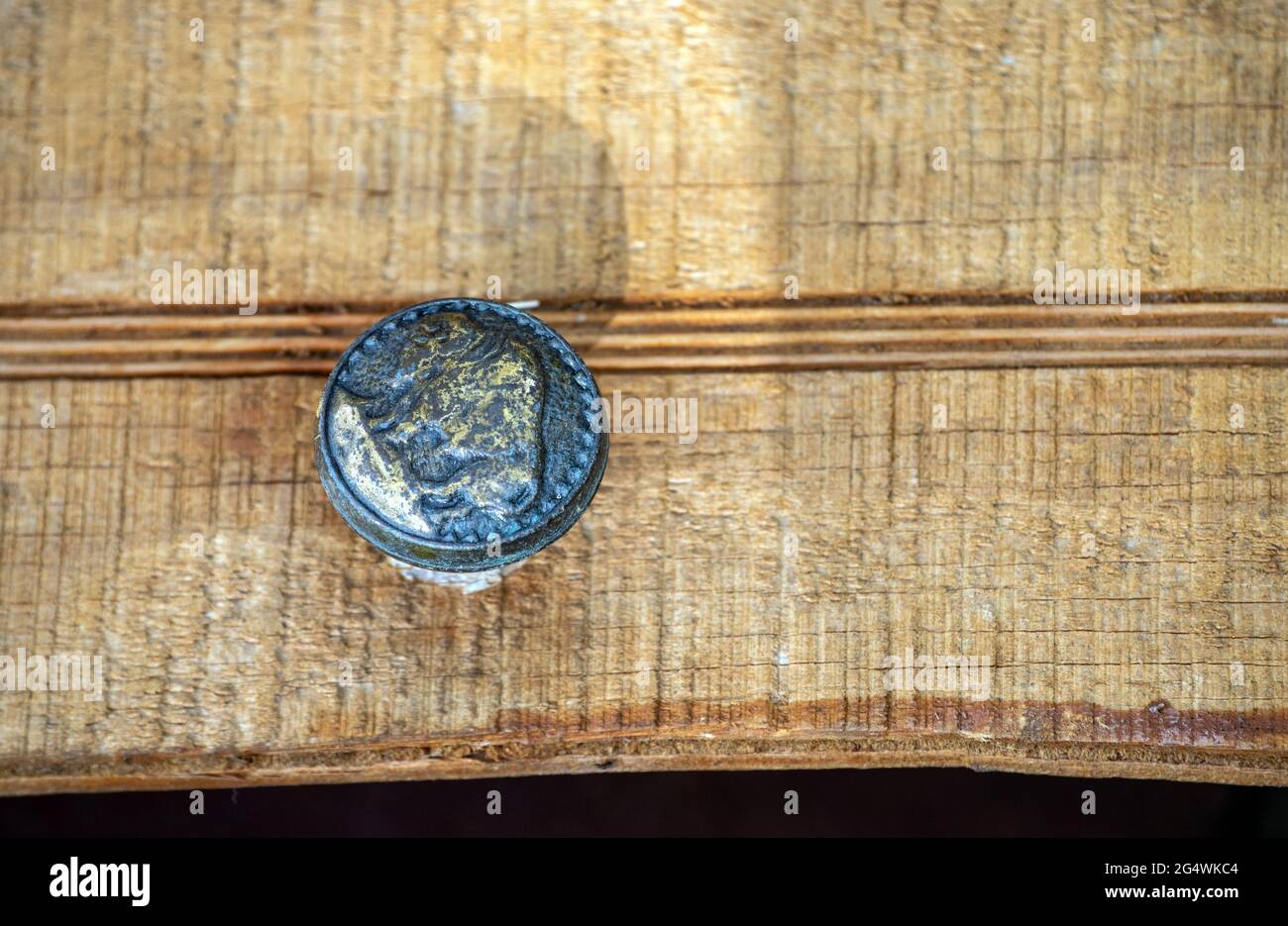 Con uno sfondo sfocato, questa vecchia porta in legno testurizzato presenta un pomolo di porta in stile retrò caratterizzato da un bufalo in uno stile antico. Foto Stock
