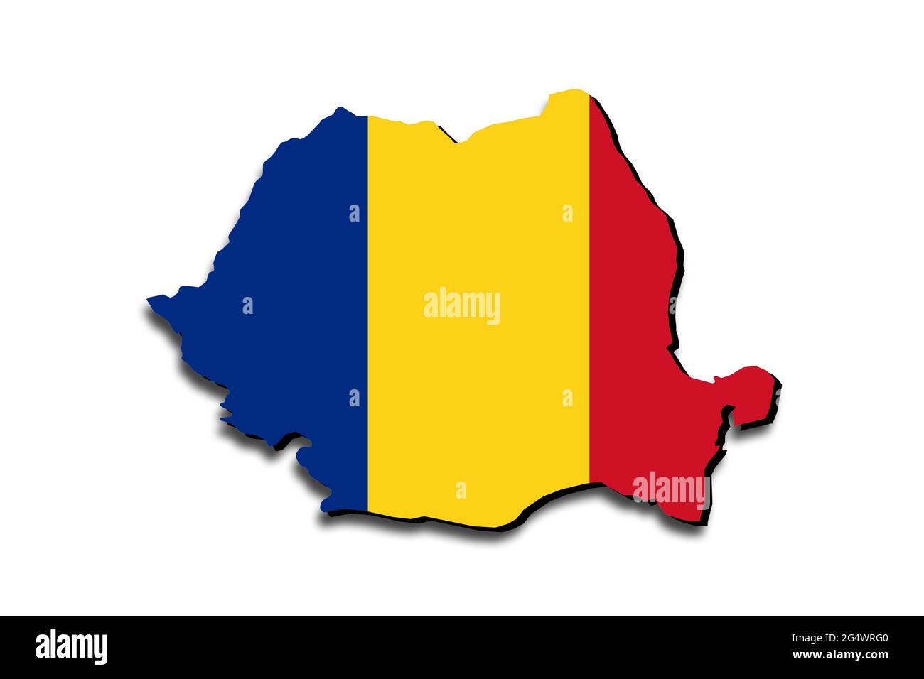 Mappa generale della Romania con la bandiera nazionale sovrapposta al  paese. Grafica 3D che crea un'ombra sullo sfondo bianco Foto stock - Alamy