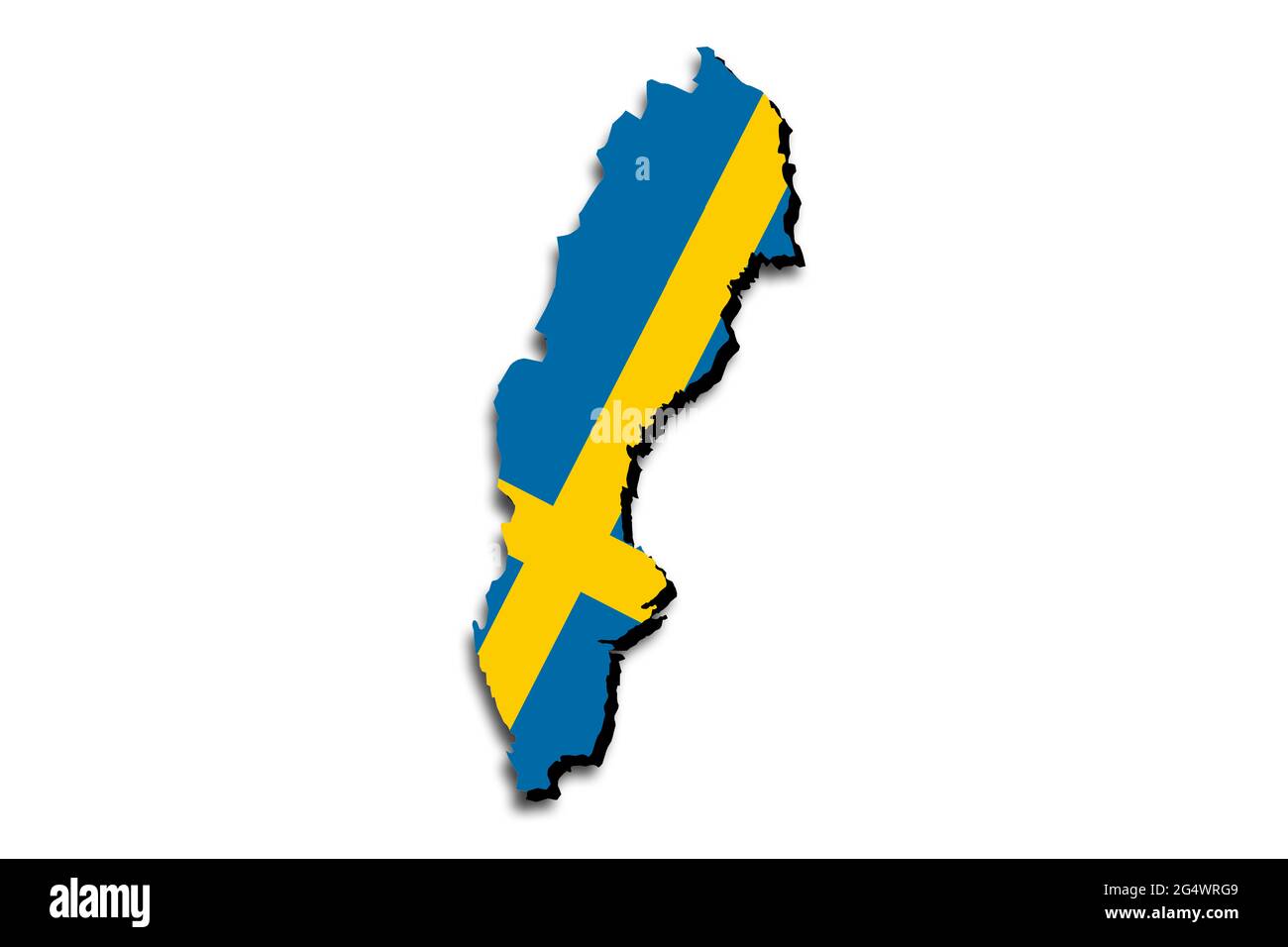 Mappa generale della Svezia con la bandiera nazionale sovrapposta al paese. Grafica 3D che crea un'ombra sullo sfondo bianco Foto Stock