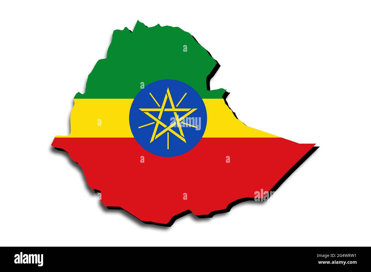 Mappa dell'Etiopia con la bandiera nazionale sovrapposta al paese. Grafica 3D che crea un'ombra sullo sfondo bianco Foto Stock