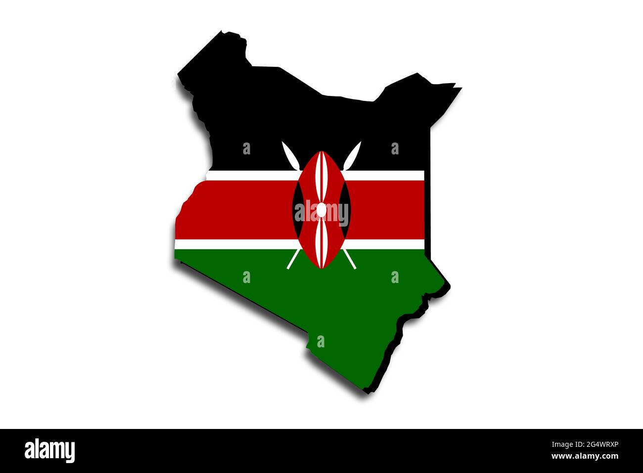 Mappa del Kenya con la bandiera nazionale sovrapposta al paese. Grafica 3D che crea un'ombra sullo sfondo bianco Foto Stock
