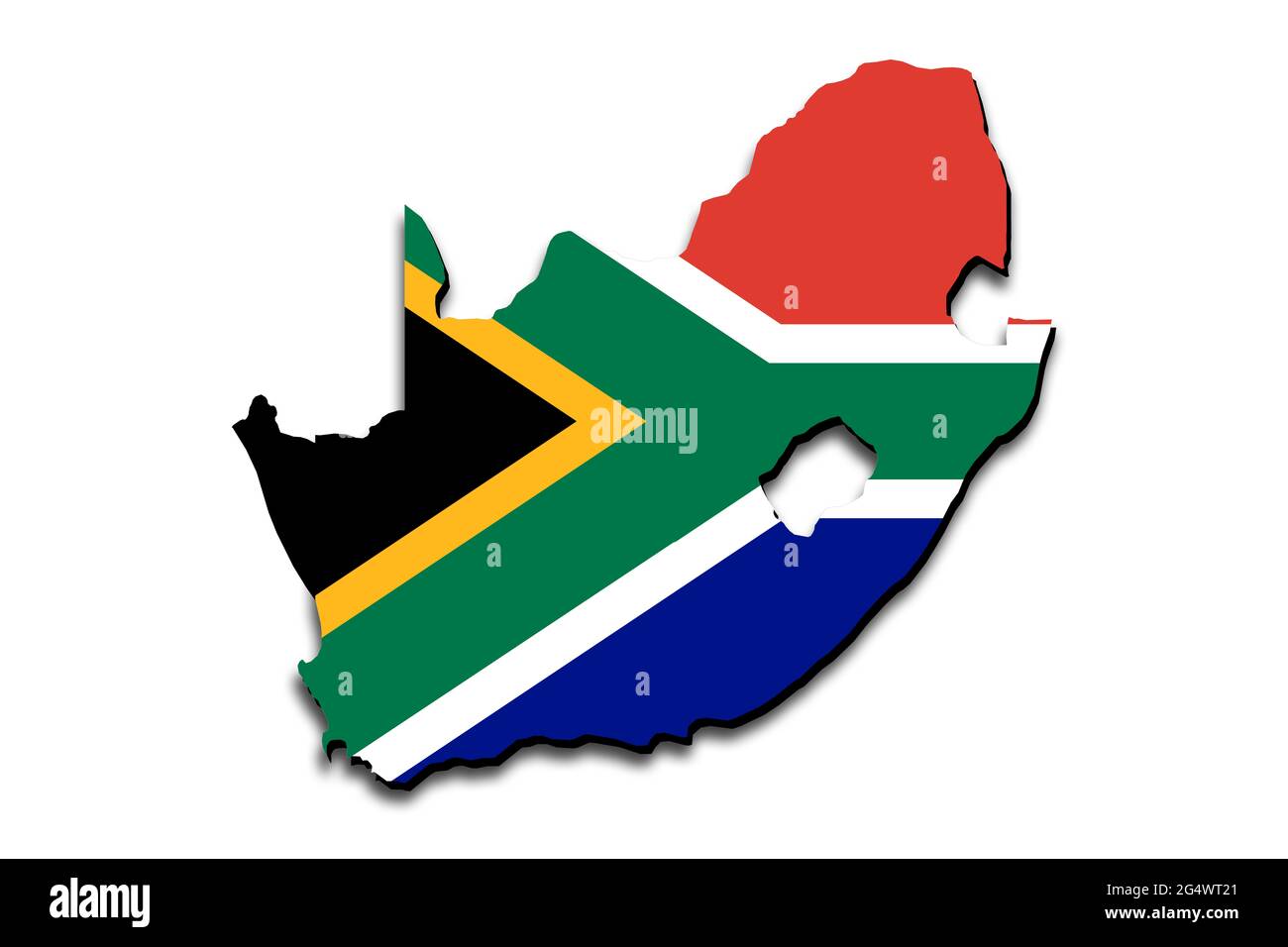 Mappa del Sud Africa con la bandiera nazionale sovrapposta al paese. Grafica 3D che crea un'ombra sullo sfondo bianco Foto Stock