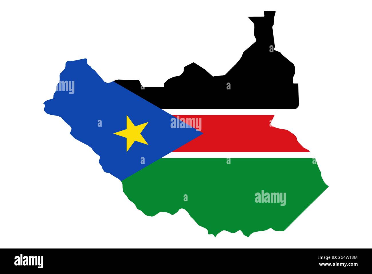 Mappa del Sud Sudan con la bandiera nazionale sovrapposta al paese. Grafica 3D che crea un'ombra sullo sfondo bianco Foto Stock