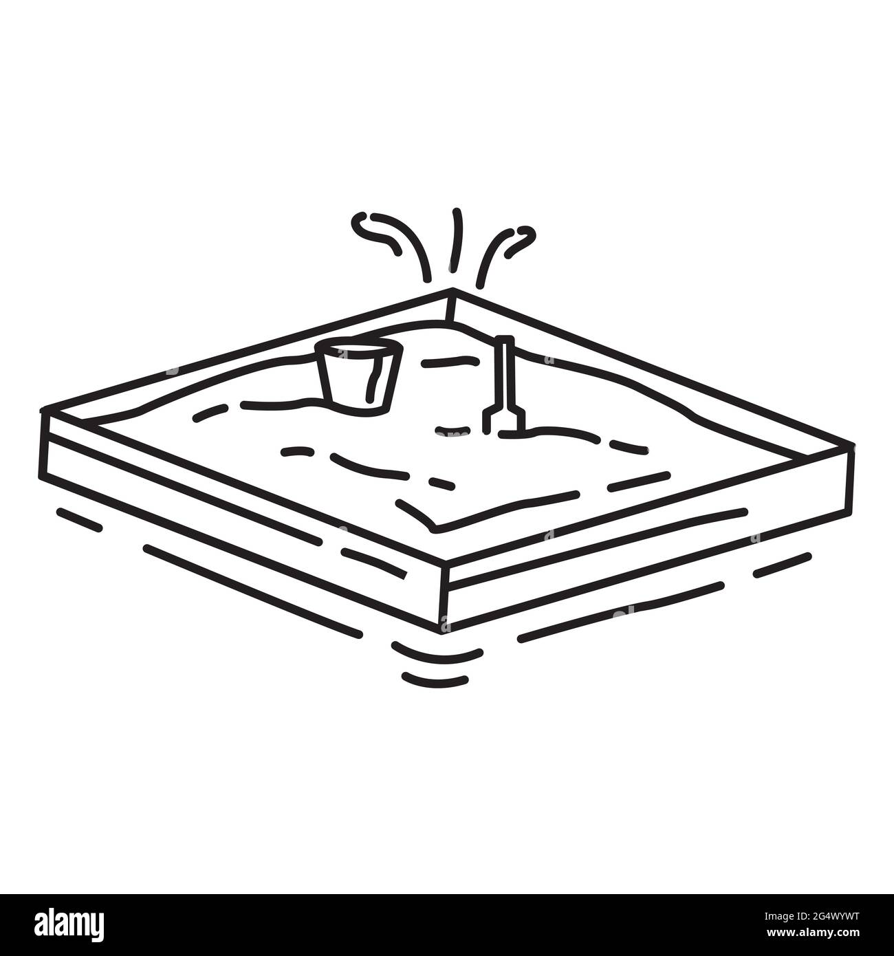Parco giochi per bambini sandbox, gioco, bambini, asilo. Set di icone disegnate a mano, nero profilo, icona doodle, disegno di icone vettoriali. Illustrazione Vettoriale