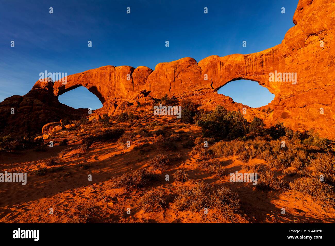 Formazione rocciosa della finestra Nord e Sud all'alba nel Parco Nazionale di Arches, Utah Foto Stock