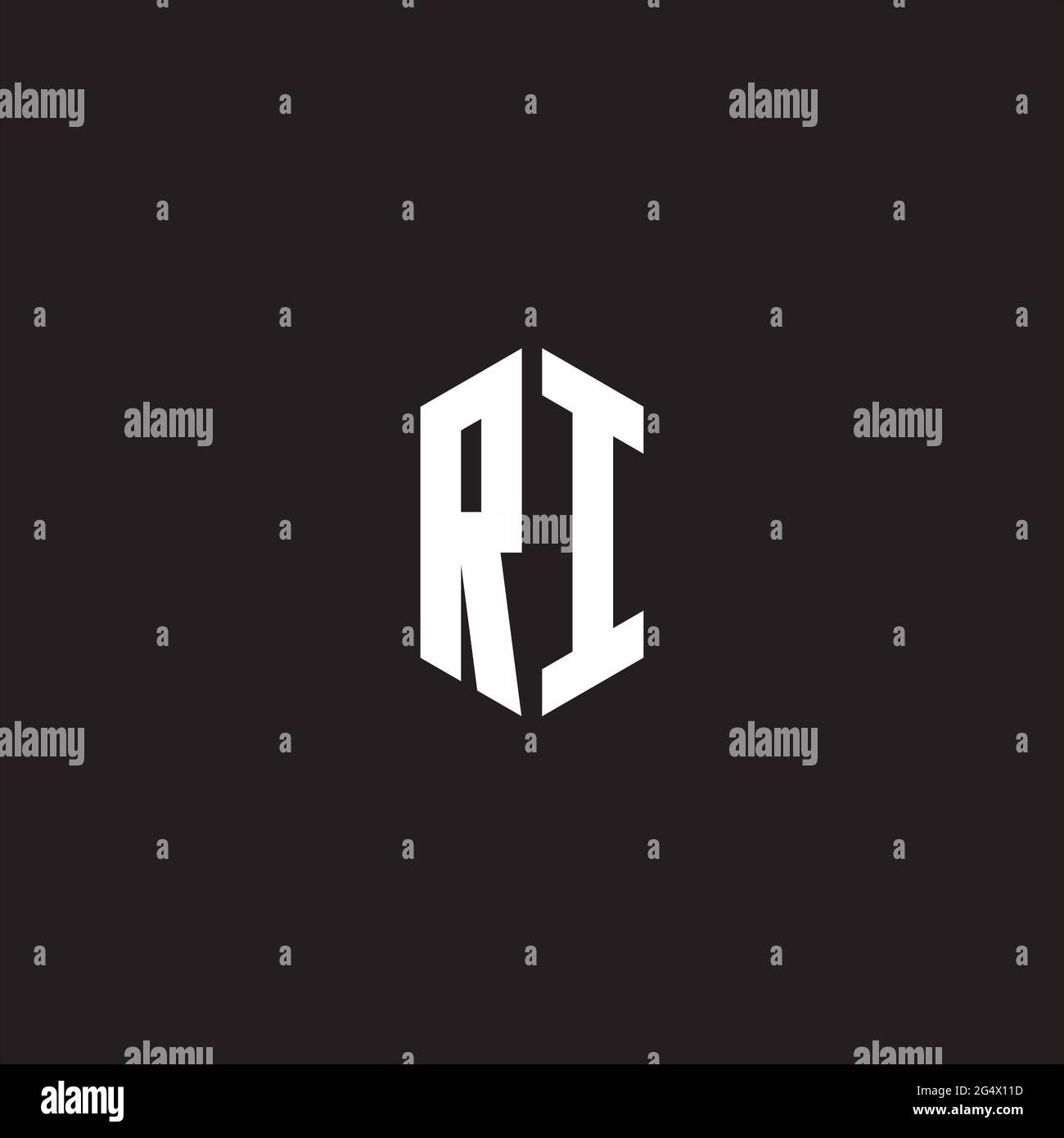 Monogramma RI Logo con modello a forma esagonale isolato su sfondo nero Illustrazione Vettoriale
