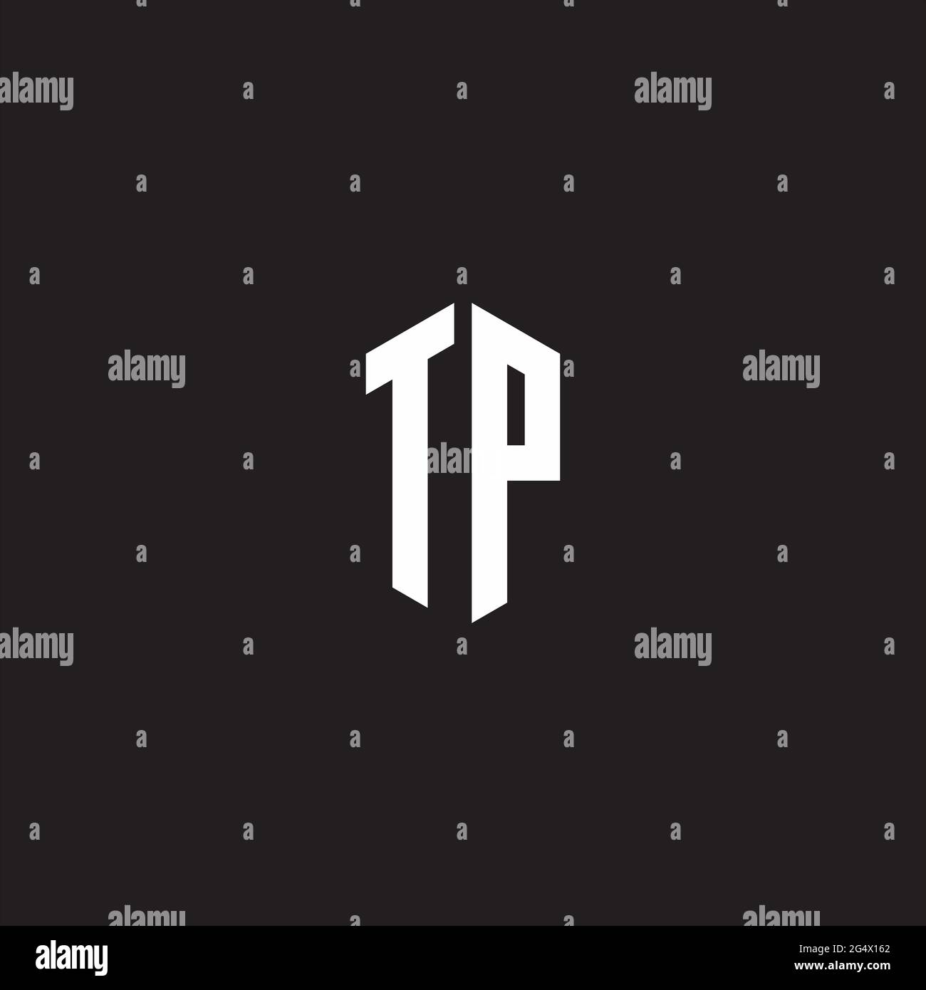TP Monogramma con logo e modello a forma esagonale isolato su sfondo nero Illustrazione Vettoriale